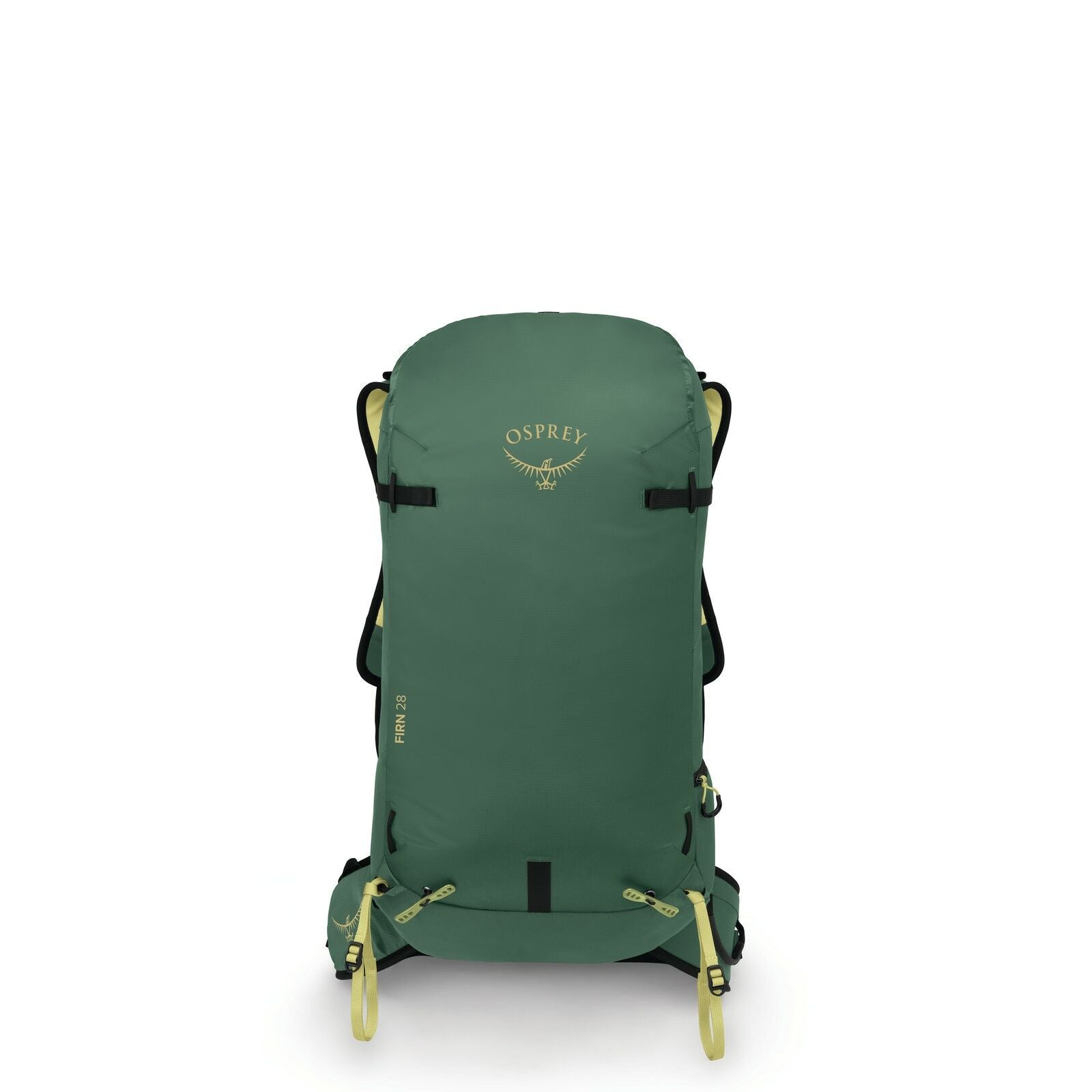The image displays an Osprey backpack, designed for outdoor activities and adventures. The backpack is a deep green color with yellow accents, including the Osprey logo and zipper pulls. It appears to have a streamlined design with adjustable shoulder str