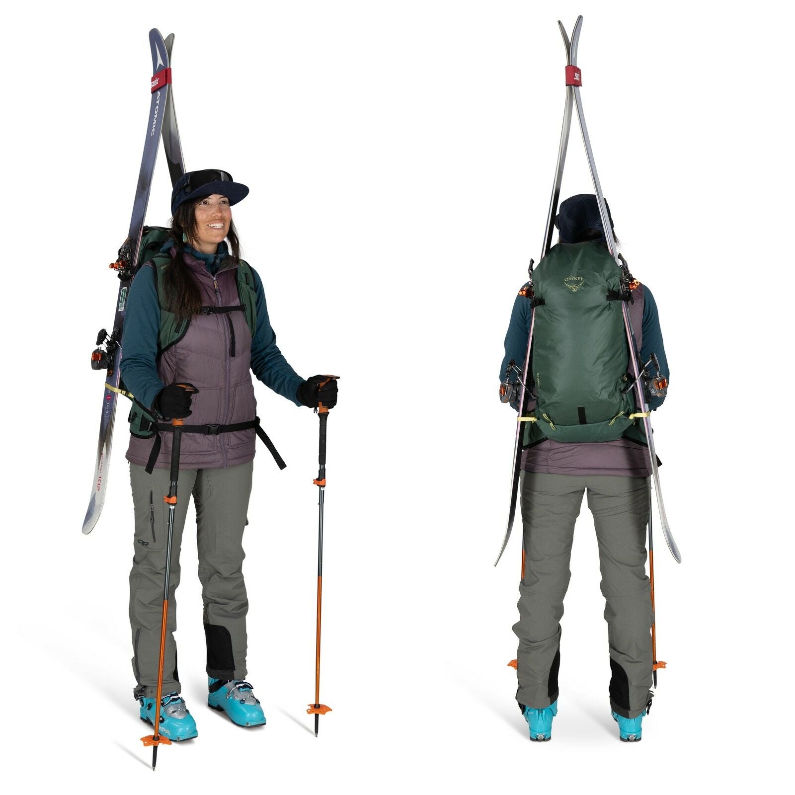 The image shows a person dressed in skiing gear, viewed from the front and back, standing in a studio setting. They are wearing a teal jacket layered under a purple vest, gray pants, and turquoise ski boots. The individual is equipped with a backpack that