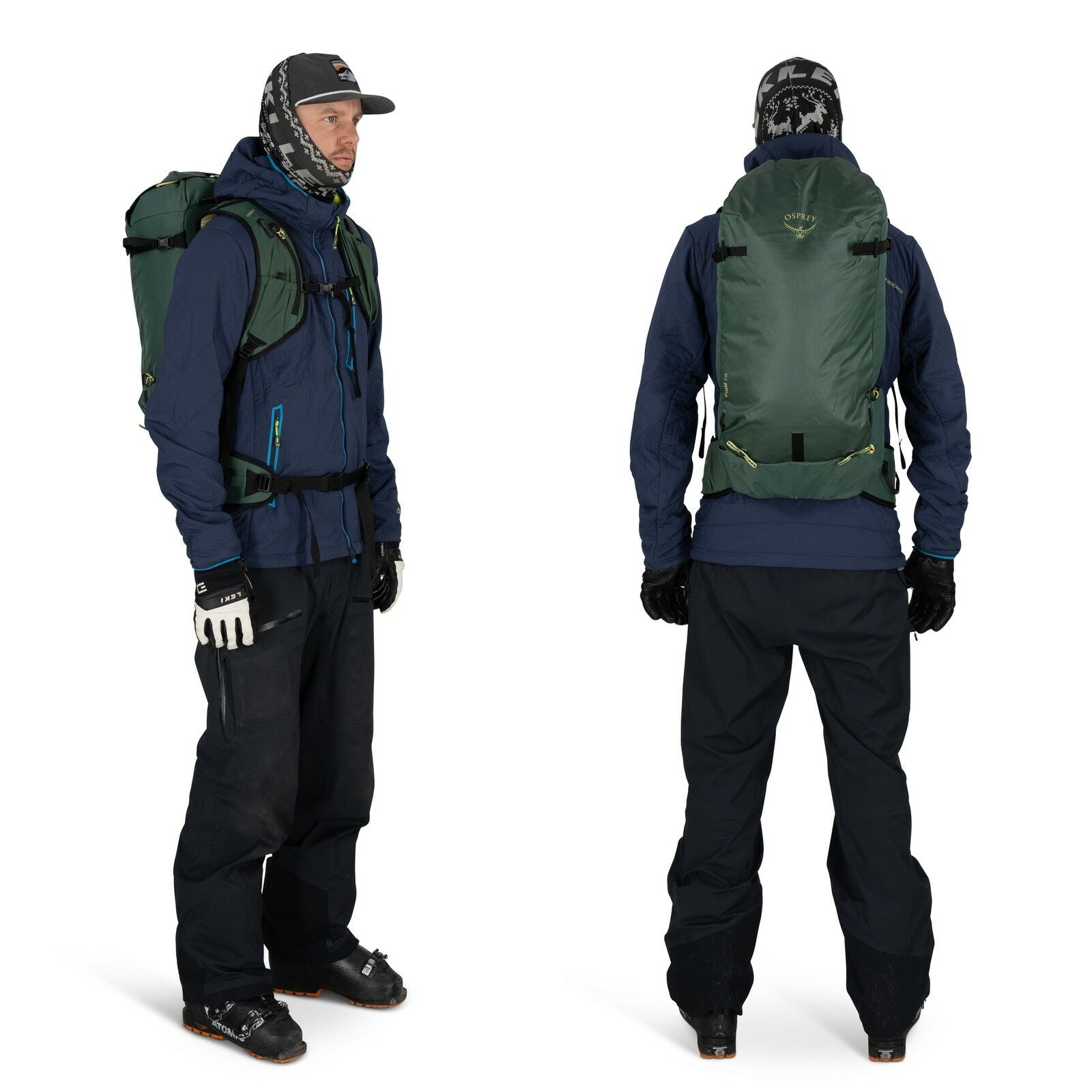 The image shows a person dressed in outdoor winter attire, viewed from both the front and back. They are wearing a navy blue jacket with a high collar and black pants suitable for cold weather activities. The individual is equipped with a large, green bac