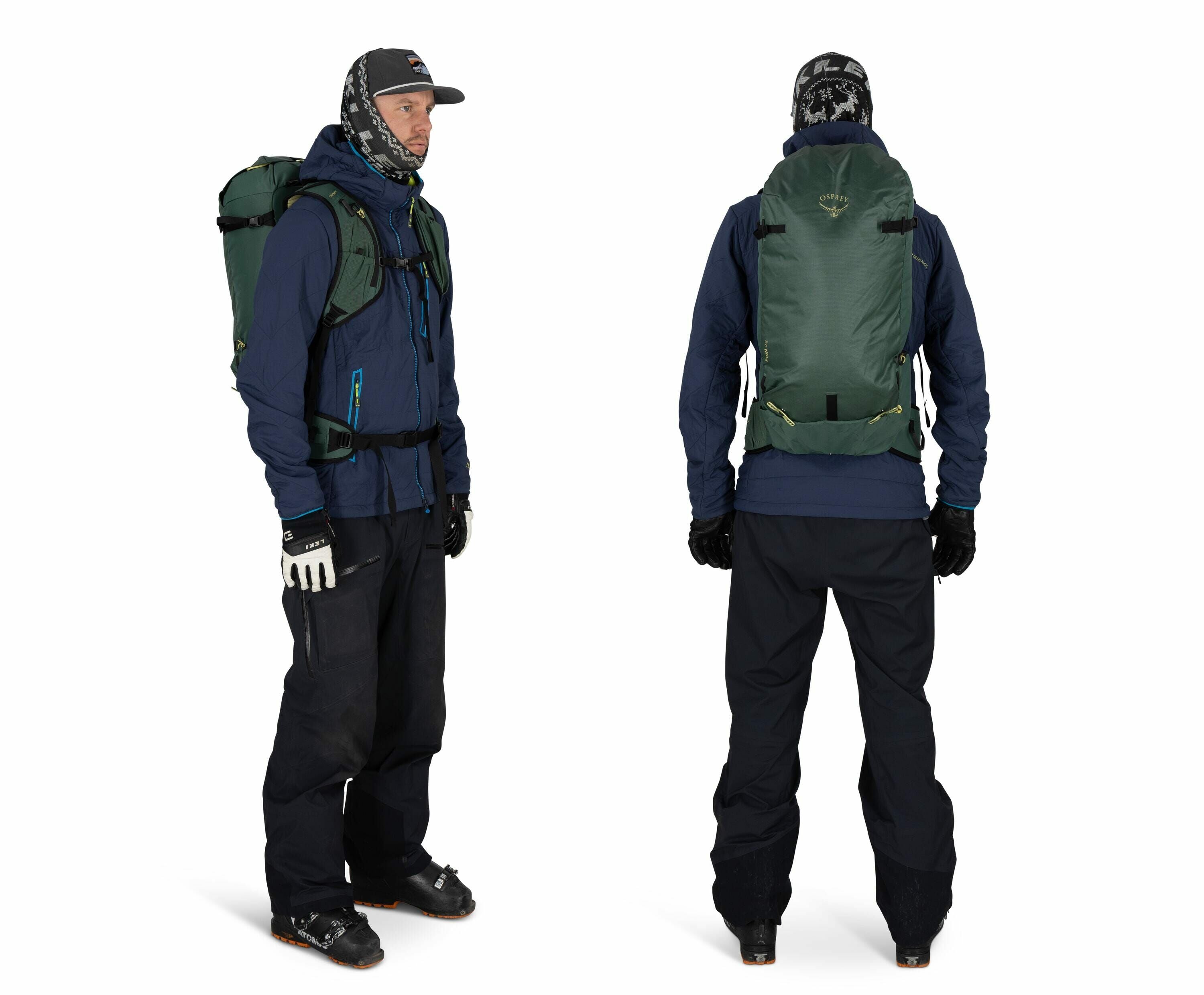 The image shows a person dressed in outdoor winter attire, viewed from both the front and back. They are wearing a navy blue jacket with a high collar and black pants suitable for cold weather activities. The individual is equipped with a large, green bac