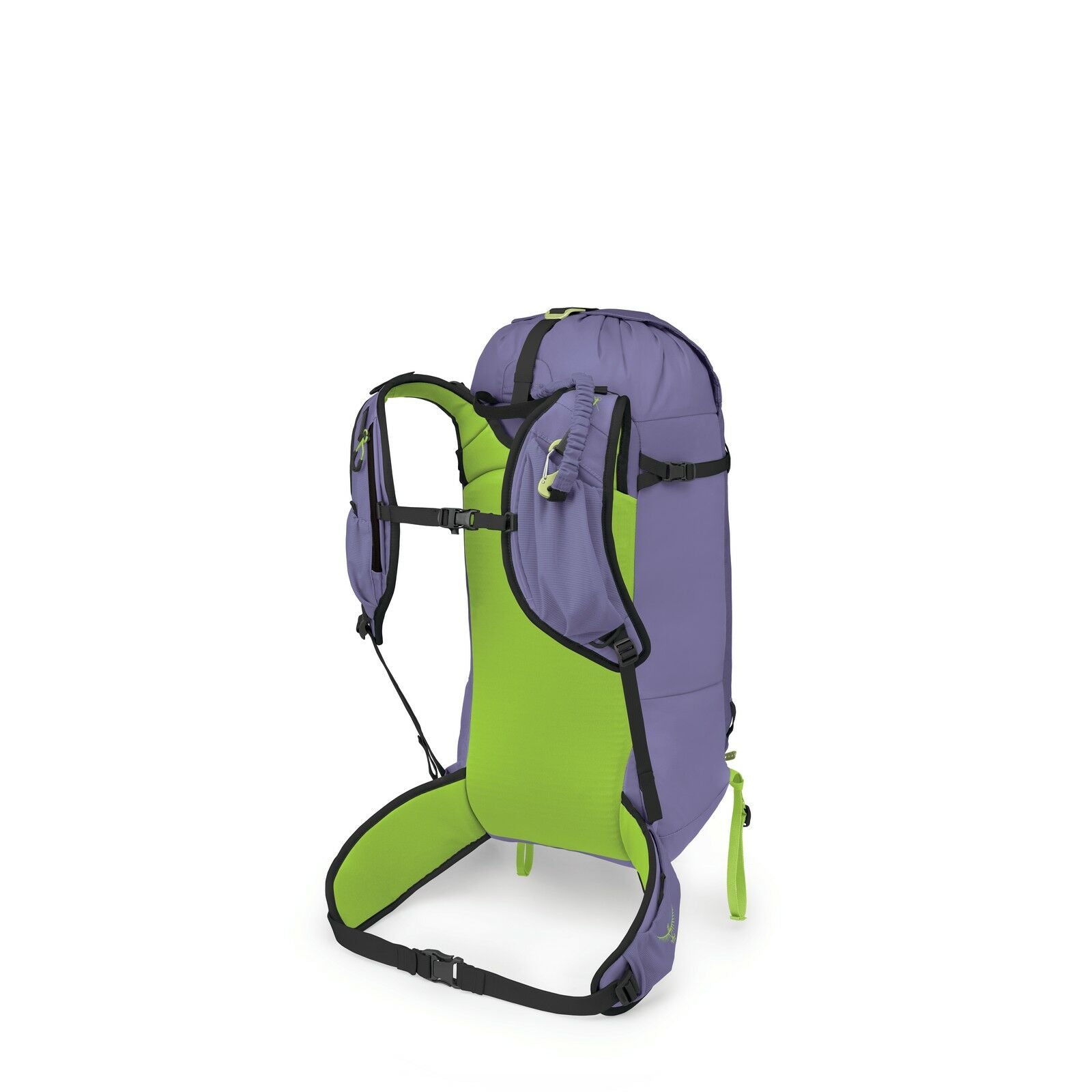 The image shows a backpack with a vibrant color scheme, featuring a purple exterior and a bright green back panel and straps. The backpack appears to be designed for outdoor activities, possibly hiking, given its streamlined shape and practical features l