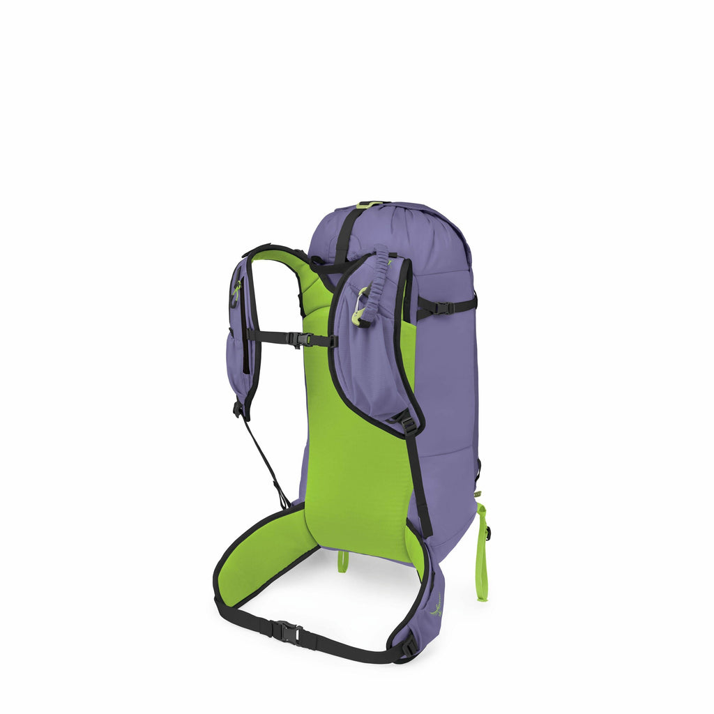 The image shows a backpack with a vibrant color scheme, featuring a purple exterior and a bright green back panel and straps. The backpack appears to be designed for outdoor activities, possibly hiking, given its streamlined shape and practical features l