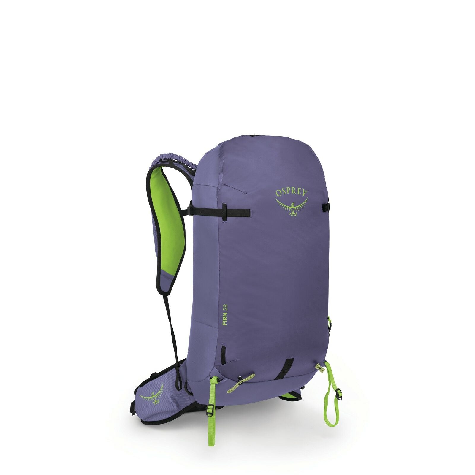 The images display a backpack made by Osprey, which appears to be designed for hiking or outdoor activities. It is primarily purple with green accents, including the Osprey logo, zipper pulls, and a strap attachment. The backpack has a streamlined design,