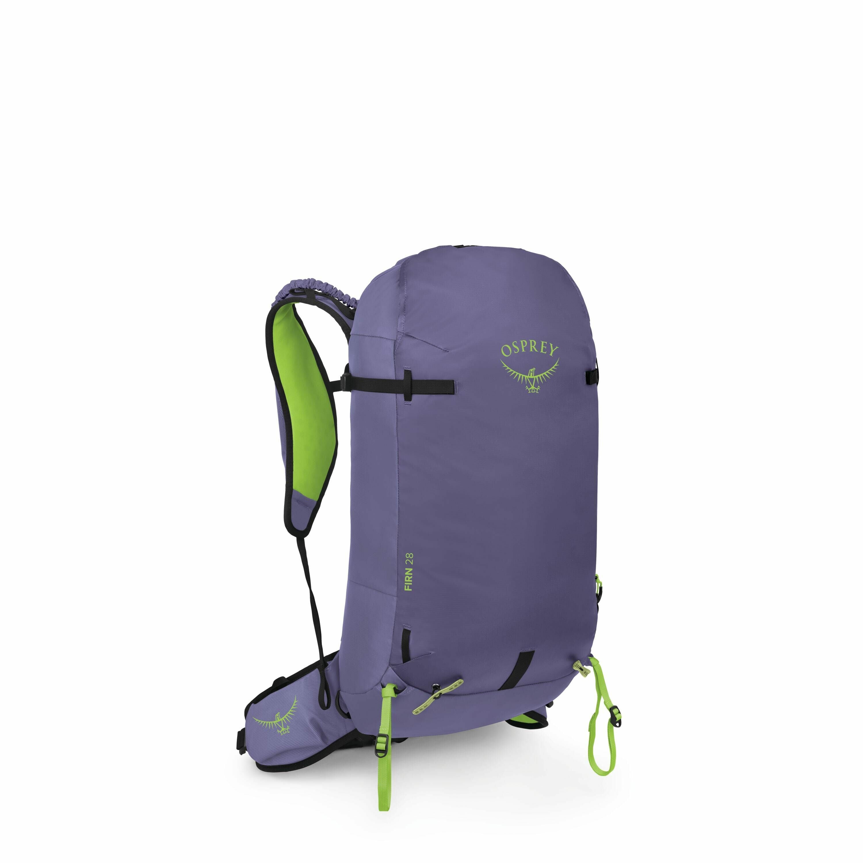 The images display a backpack made by Osprey, which appears to be designed for hiking or outdoor activities. It is primarily purple with green accents, including the Osprey logo, zipper pulls, and a strap attachment. The backpack has a streamlined design,