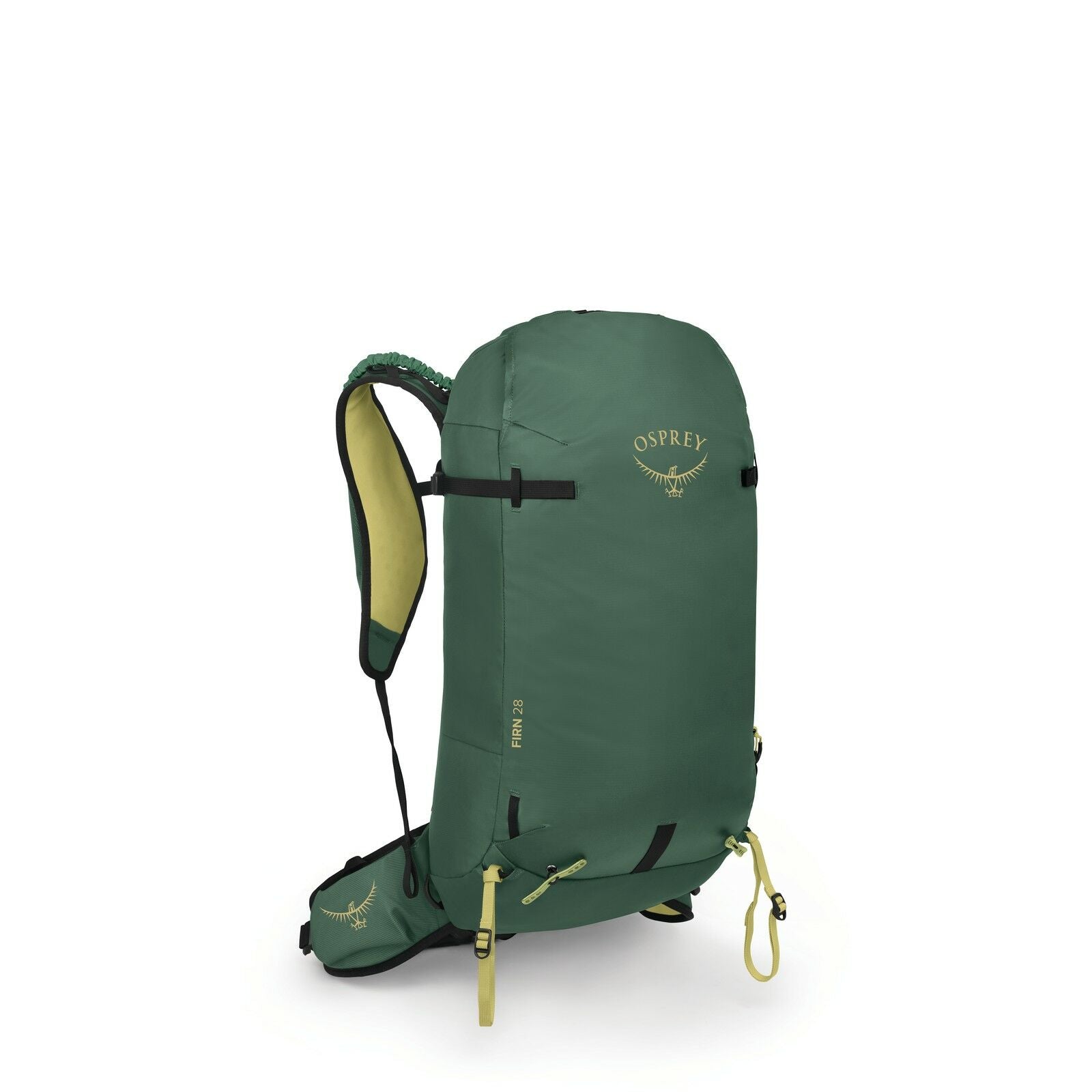 The image features an Osprey brand backpack in a dark green color. It has a streamlined and compact design, likely intended for hiking or day trips. The backpack displays the Osprey logo prominently on the upper part, and it has a few yellow accent detail