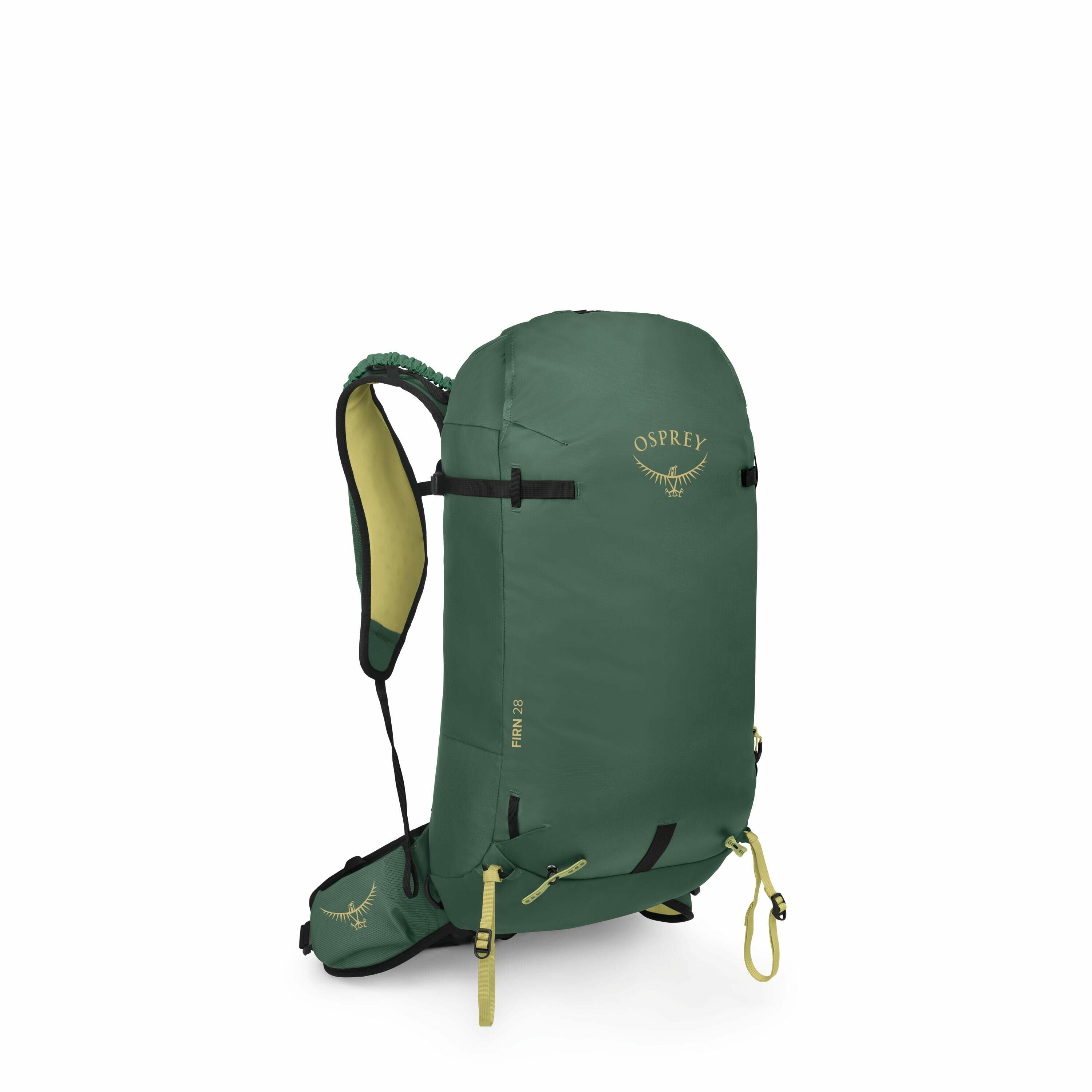 The image features an Osprey brand backpack in a dark green color. It has a streamlined and compact design, likely intended for hiking or day trips. The backpack displays the Osprey logo prominently on the upper part, and it has a few yellow accent detail