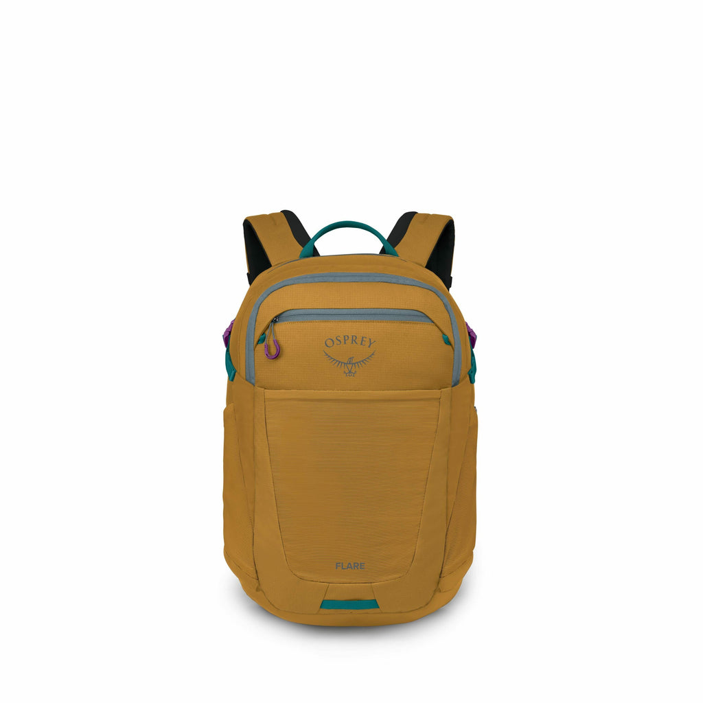 The image showcases an Osprey backpack in a rich mustard yellow color. The backpack features a prominent Osprey logo in blue, centrally located near the top. The backpack has contrasting teal accents on the zippers, along with purple zipper pulls adding a