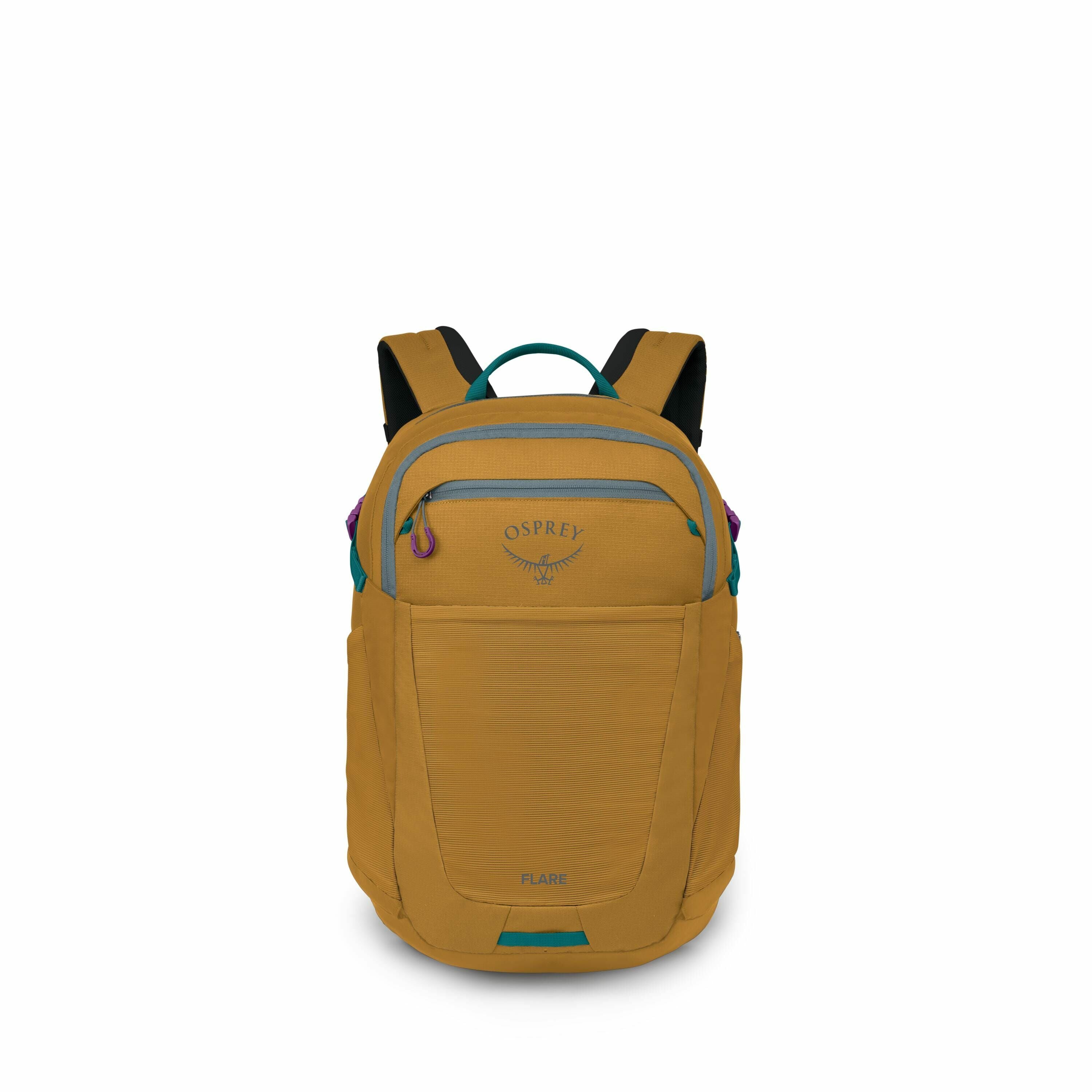 The image showcases an Osprey backpack in a rich mustard yellow color. The backpack features a prominent Osprey logo in blue, centrally located near the top. The backpack has contrasting teal accents on the zippers, along with purple zipper pulls adding a