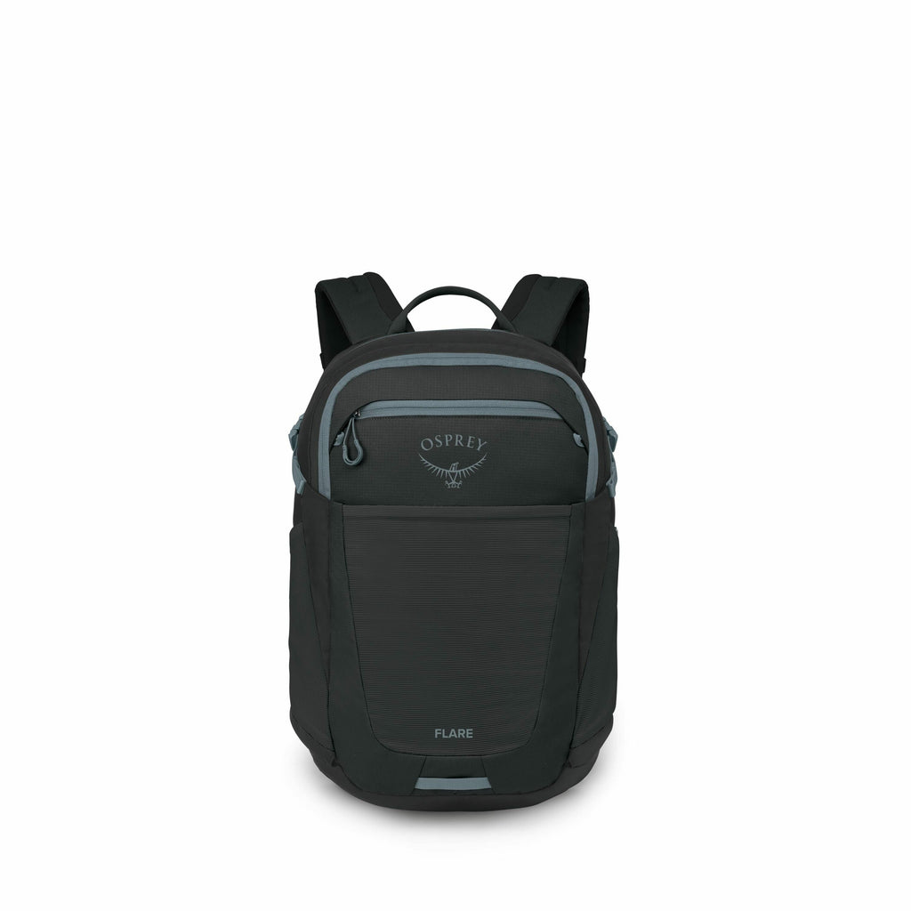 The image features a backpack, specifically the Osprey Flare model, displayed from the front. The backpack is predominantly black with dark blue accents on the zipper and surrounding trim. The Osprey logo, showcasing the brand name and the outline of an O
