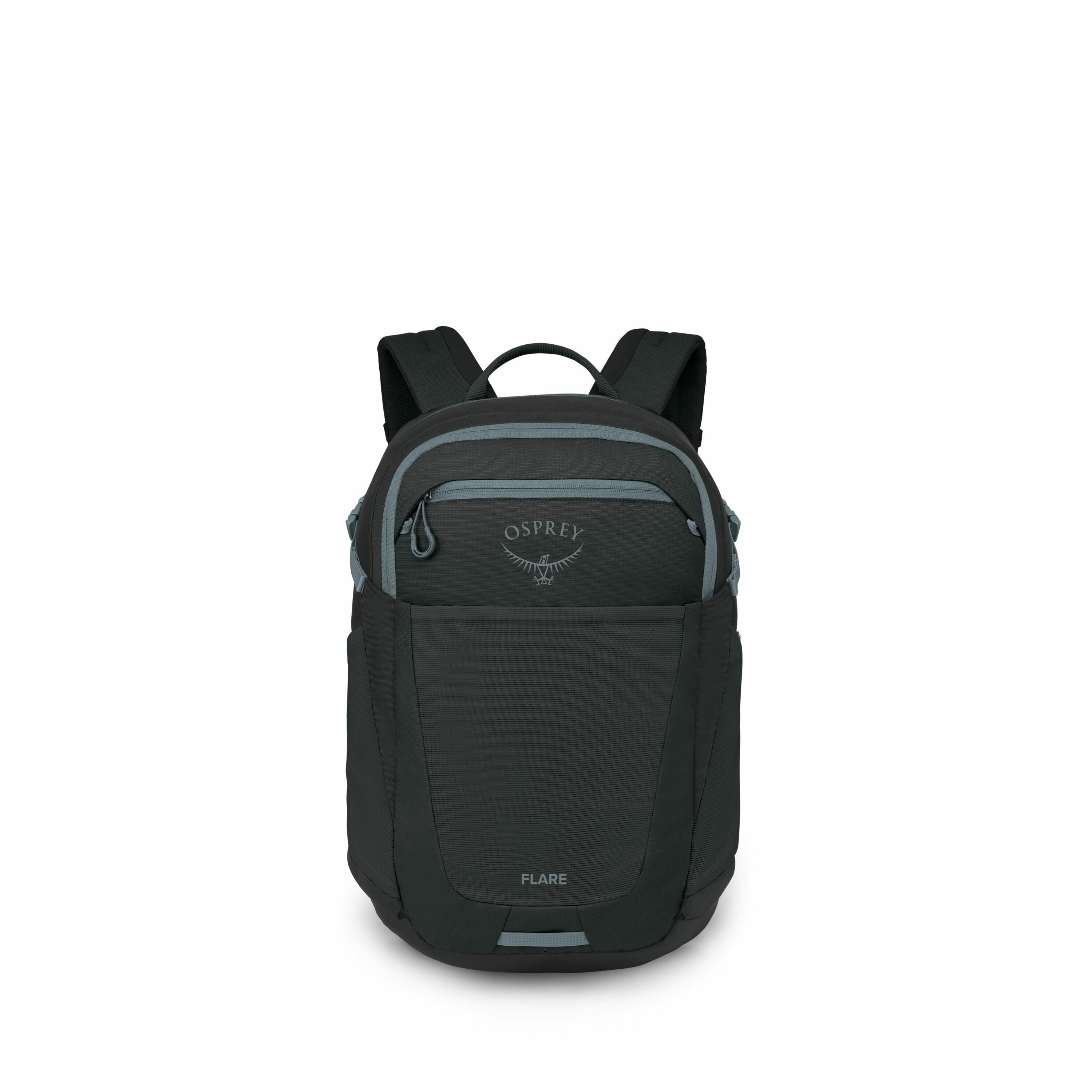 The image features a backpack, specifically the Osprey Flare model, displayed from the front. The backpack is predominantly black with dark blue accents on the zipper and surrounding trim. The Osprey logo, showcasing the brand name and the outline of an O
