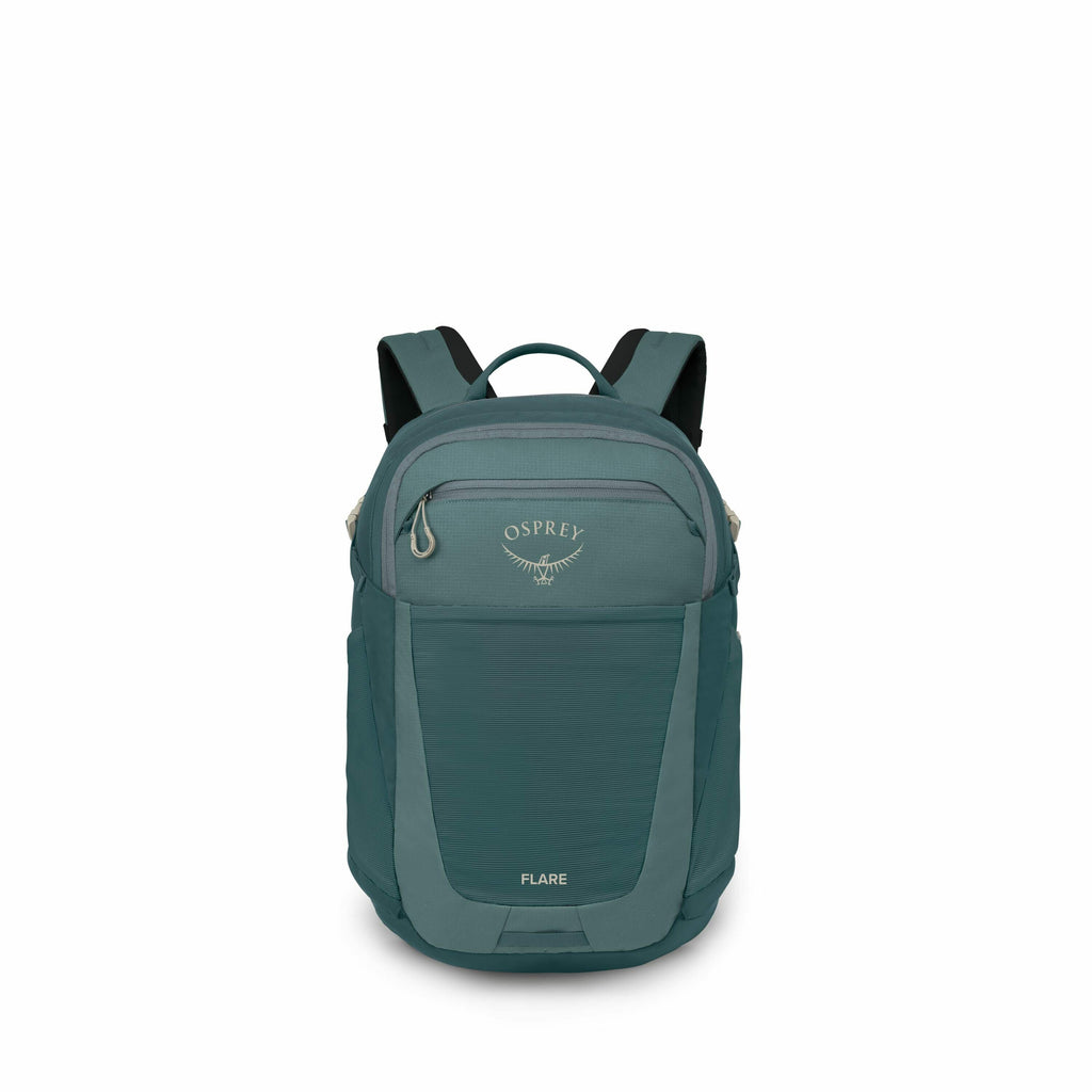 The image sequence depicts an Osprey backpack, specifically the "Flare" model, undergoing a gradual transition from fully visible to almost completely invisible. The backpack features a deep green color with lighter green accents, including the Osprey log