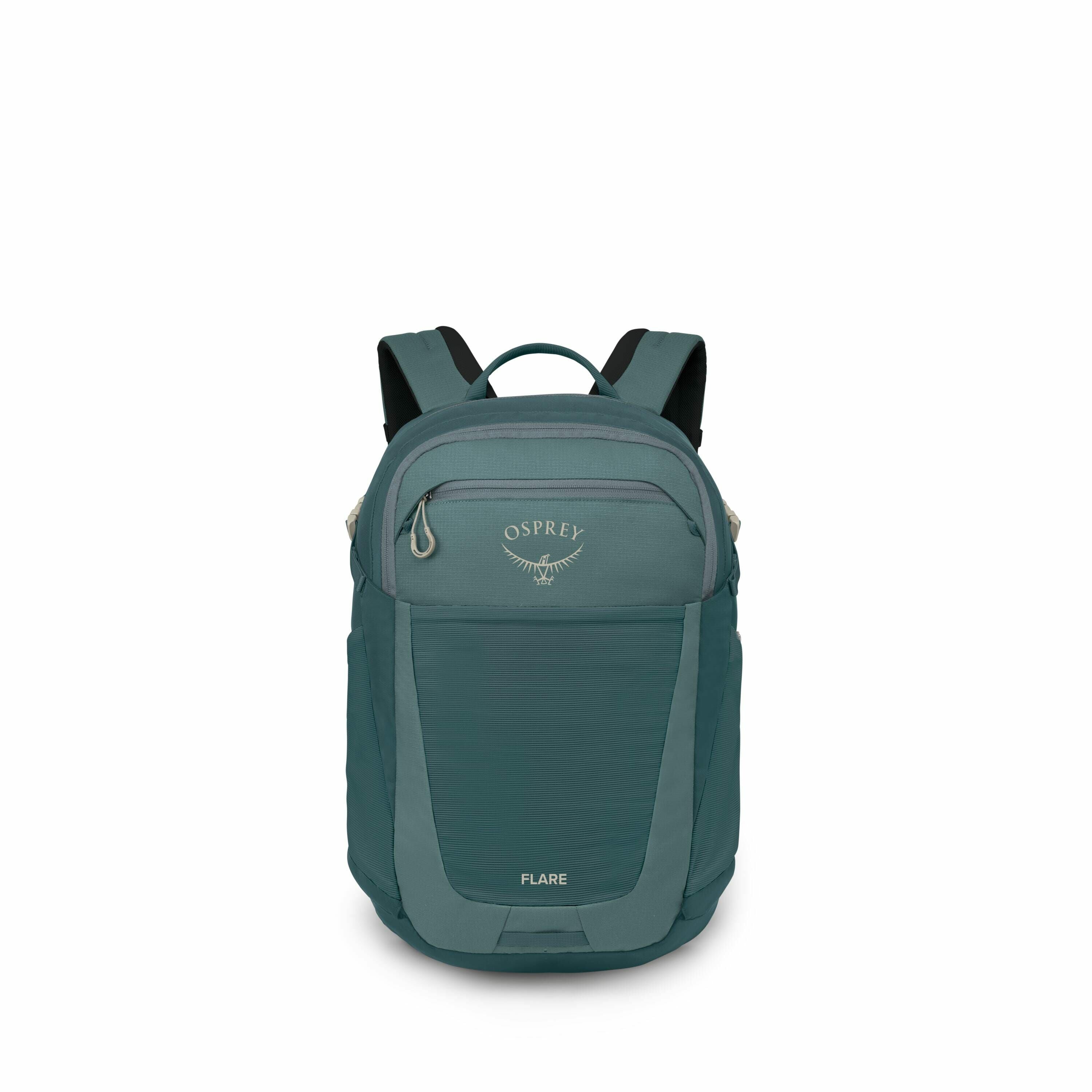 The image sequence depicts an Osprey backpack, specifically the "Flare" model, undergoing a gradual transition from fully visible to almost completely invisible. The backpack features a deep green color with lighter green accents, including the Osprey log