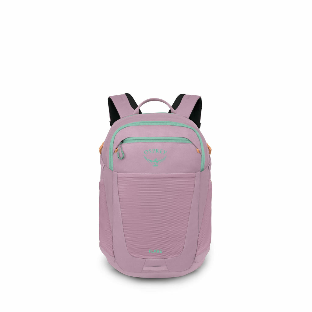 The image showcases a lavender-colored Osprey backpack with mint green accents. The backpack has a top handle, adjustable shoulder straps, and multiple zippered compartments, with the brand name "Osprey" and its logo visible on the front. The second image