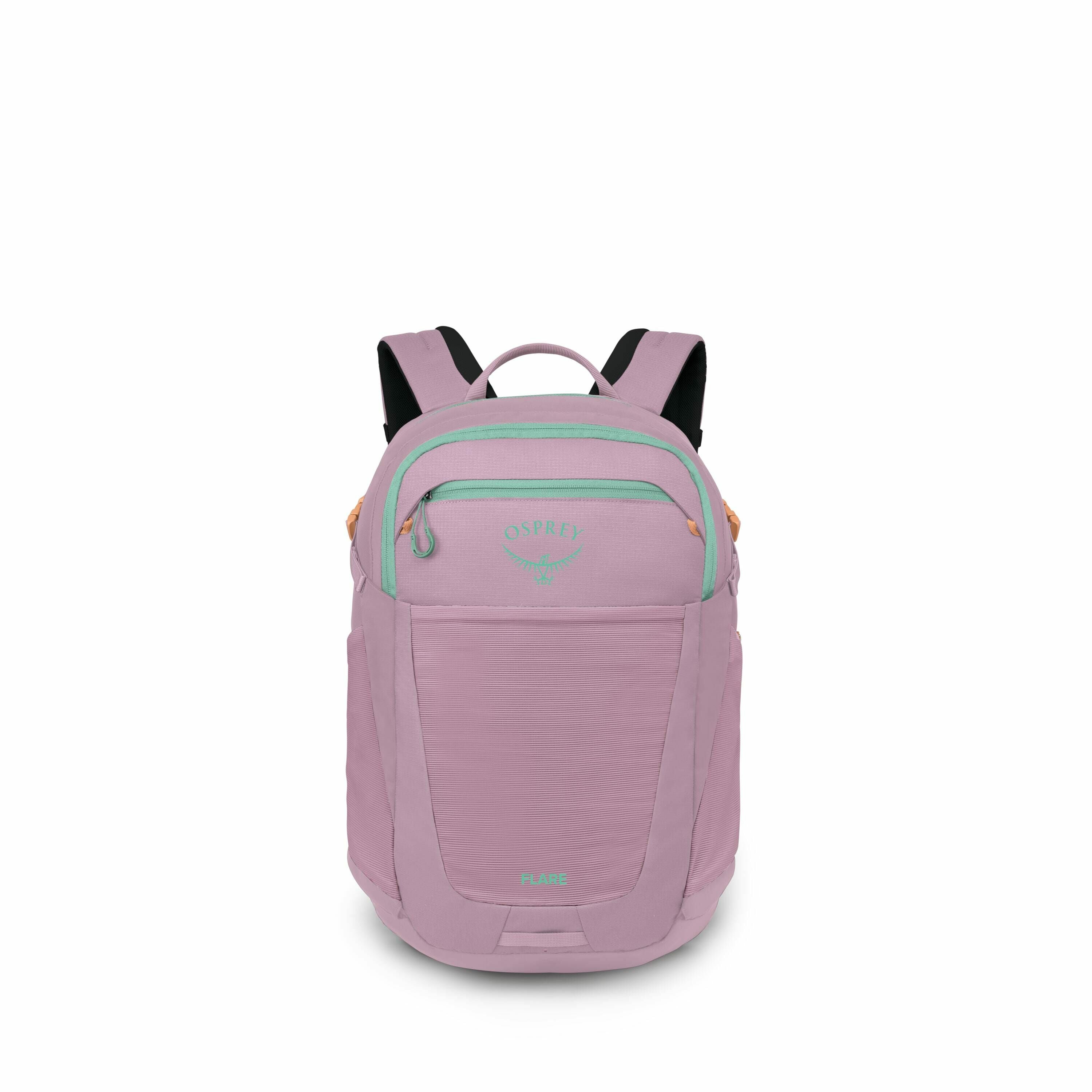 The image showcases a lavender-colored Osprey backpack with mint green accents. The backpack has a top handle, adjustable shoulder straps, and multiple zippered compartments, with the brand name "Osprey" and its logo visible on the front. The second image