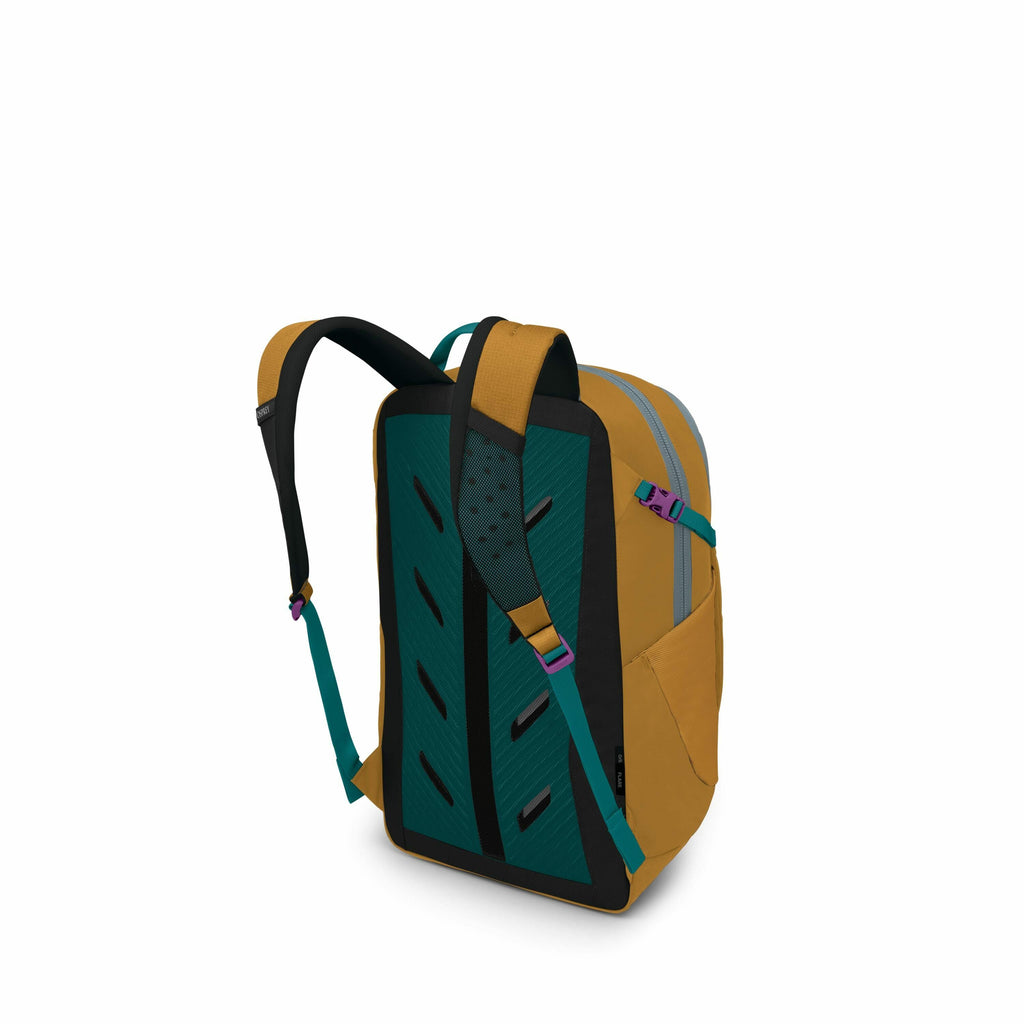The image showcases a stylish, multi-colored backpack with a predominantly mustard yellow body and teal accents. The back panel of the backpack is textured with vertical slits and has a dark teal color, adding both design and function for breathability an