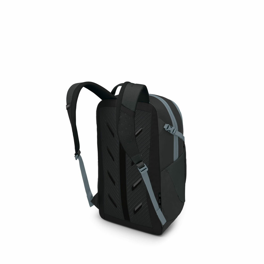 The image shows a sleek, modern backpack with a black and dark teal color scheme. The backpack features padded shoulder straps and a supportive back panel with ventilation channels for comfort. The front panel includes a diagonal zipper for the main compa