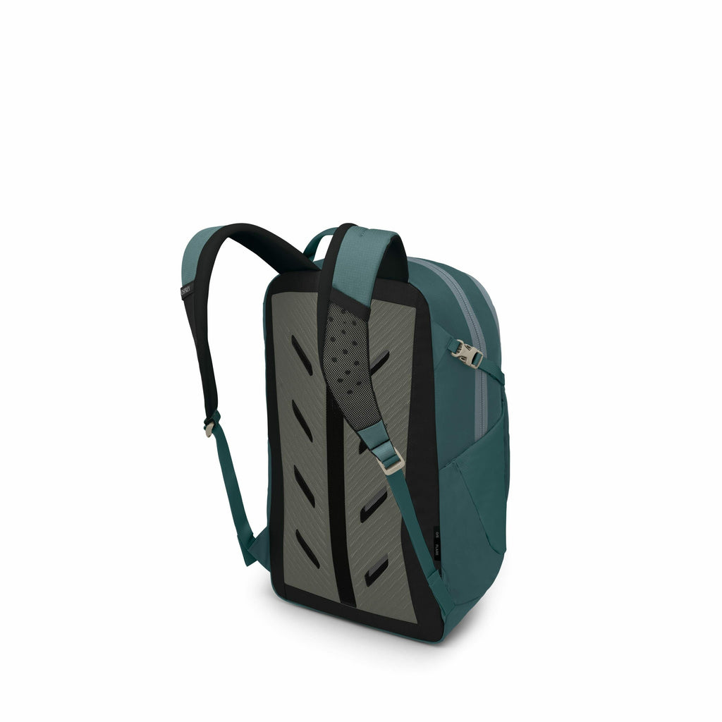 The image displays a teal and black backpack with a sleek, modern design. The backpack features padded shoulder straps for comfort and a textured, ventilated back panel that includes slanted ventilation slits. On the side, there is a small side pocket and