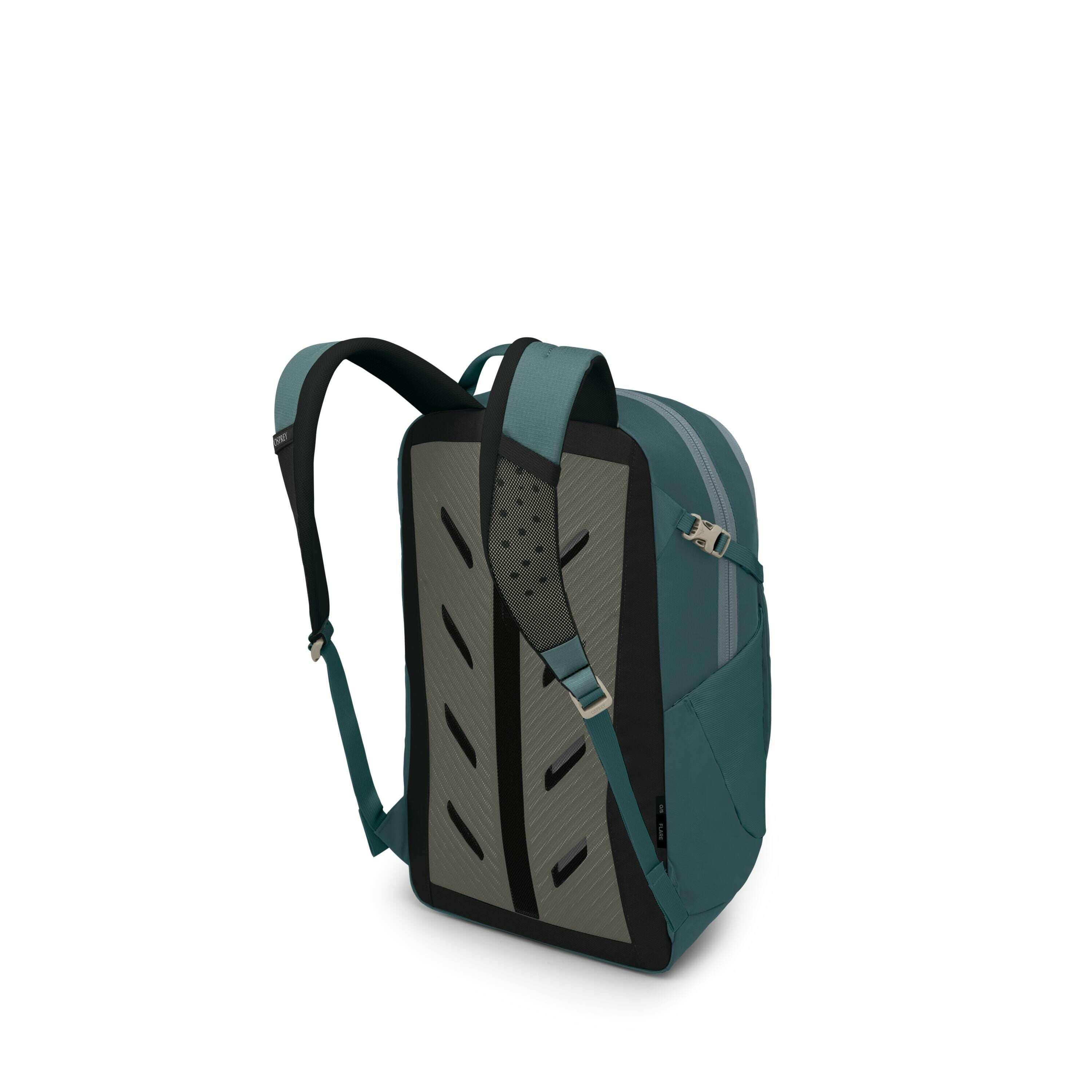 The image displays a teal and black backpack with a sleek, modern design. The backpack features padded shoulder straps for comfort and a textured, ventilated back panel that includes slanted ventilation slits. On the side, there is a small side pocket and