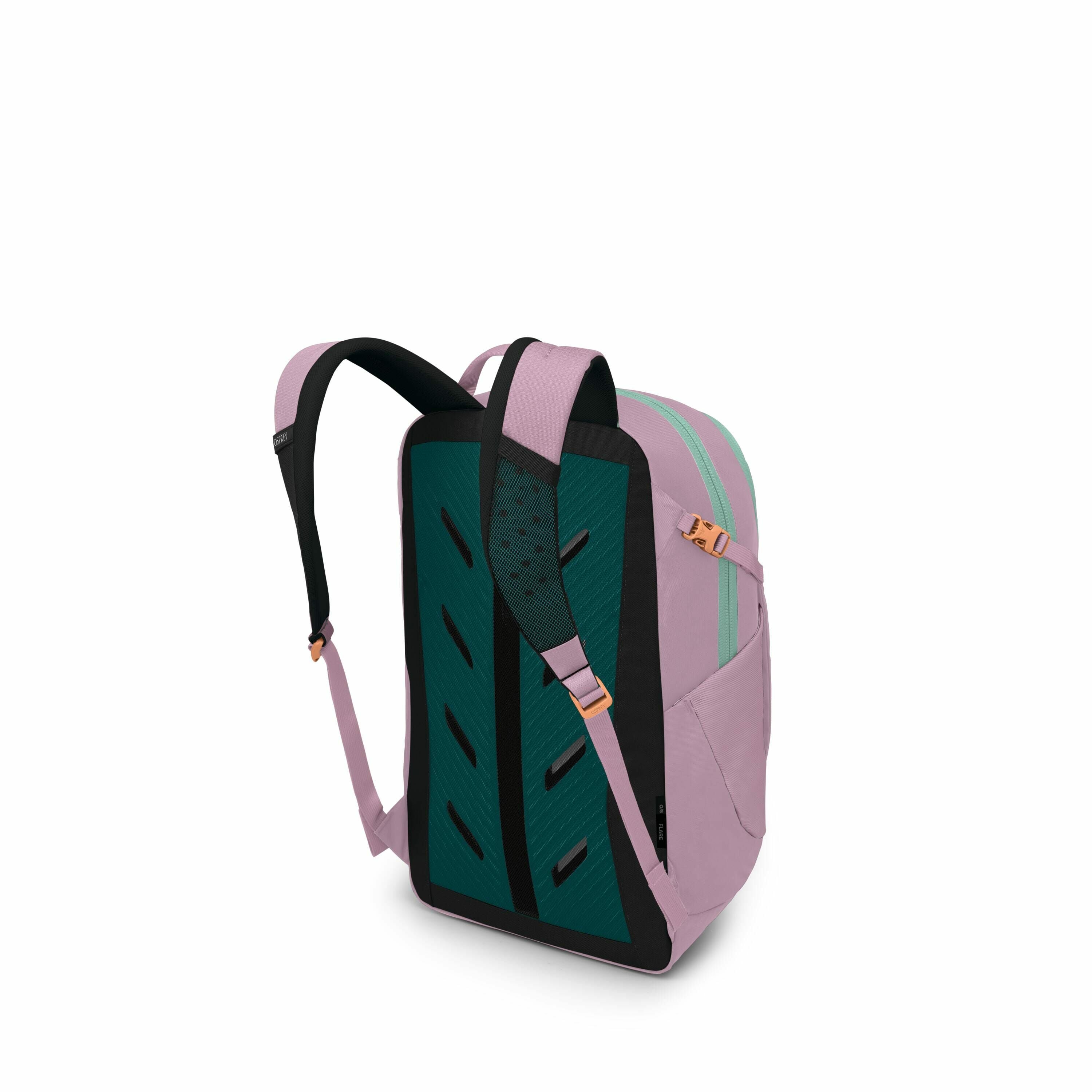 The image showcases a stylish backpack designed in a light purple color with contrasting black and green accents. The back panel of the backpack features a textured green surface with black grooves for added comfort and ventilation. The adjustable shoulde