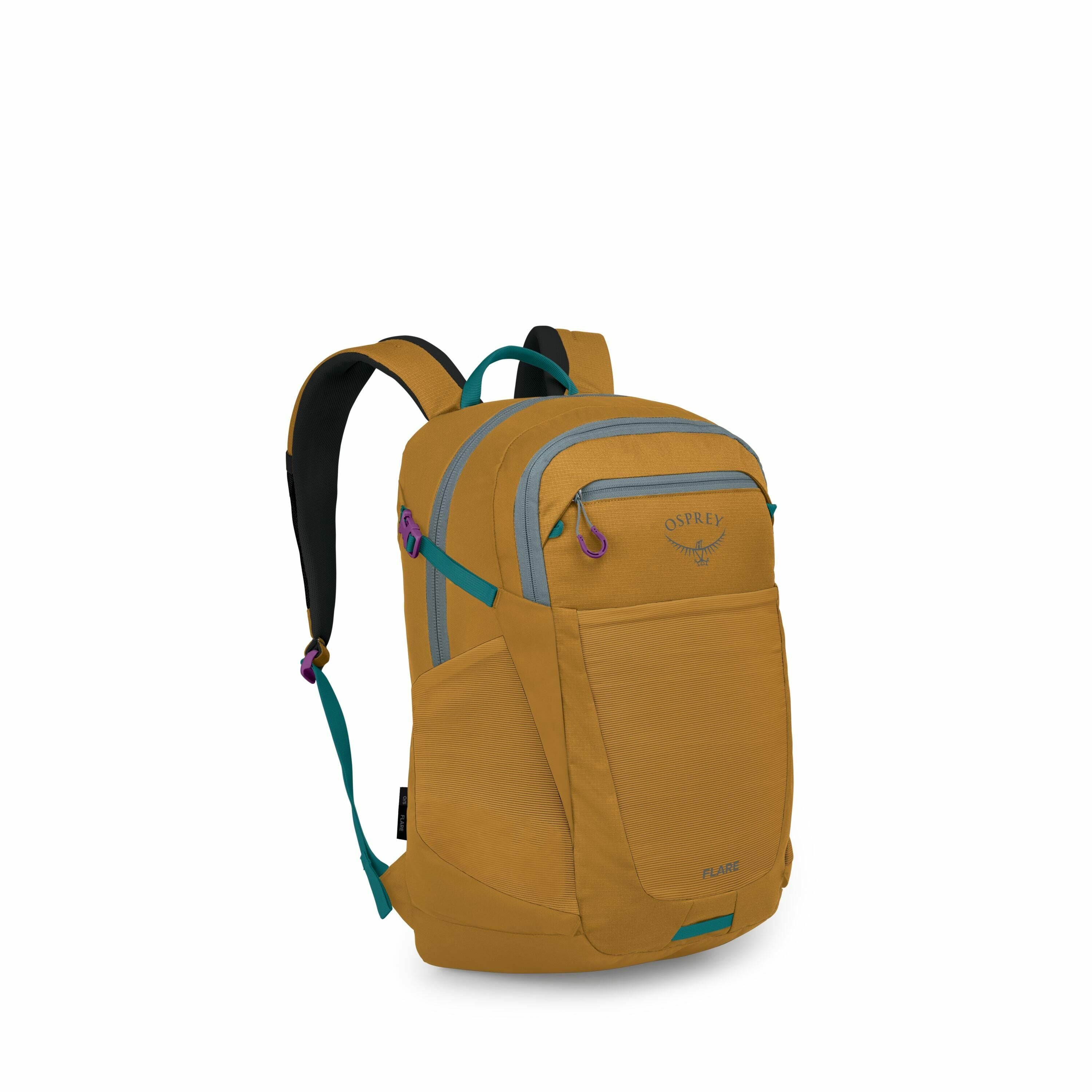 The image showcases a stylish and functional backpack, predominantly colored in a mustard yellow shade. This backpack is designed by Osprey, as indicated by the logo prominently displayed on the front. It features multiple compartments with teal and purpl