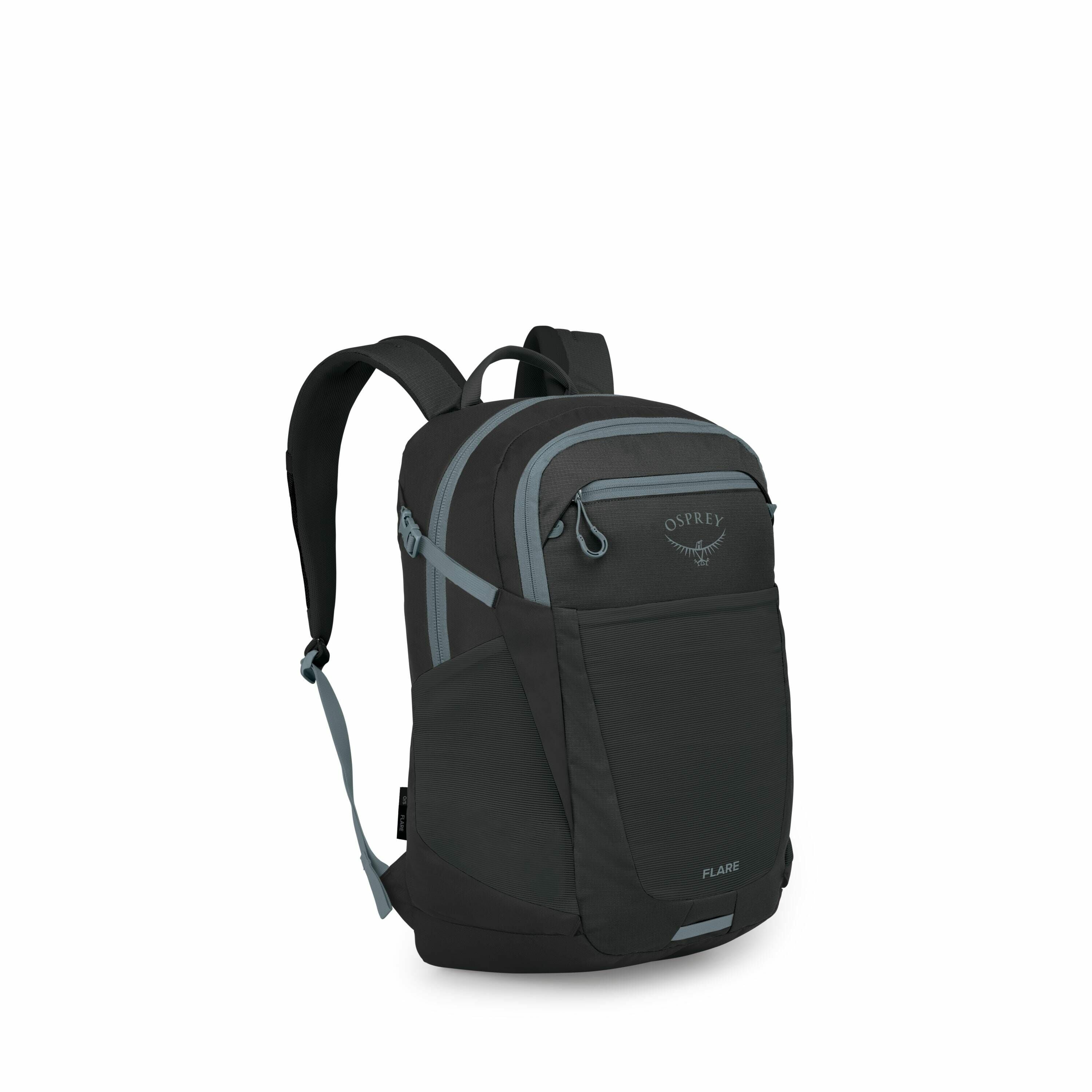 The image displays a black backpack with a sleek and modern design, prominently featuring the logo of the brand Osprey on the front. The backpack has multiple compartments, including a front zippered pocket and side mesh pockets. The shoulder straps are p