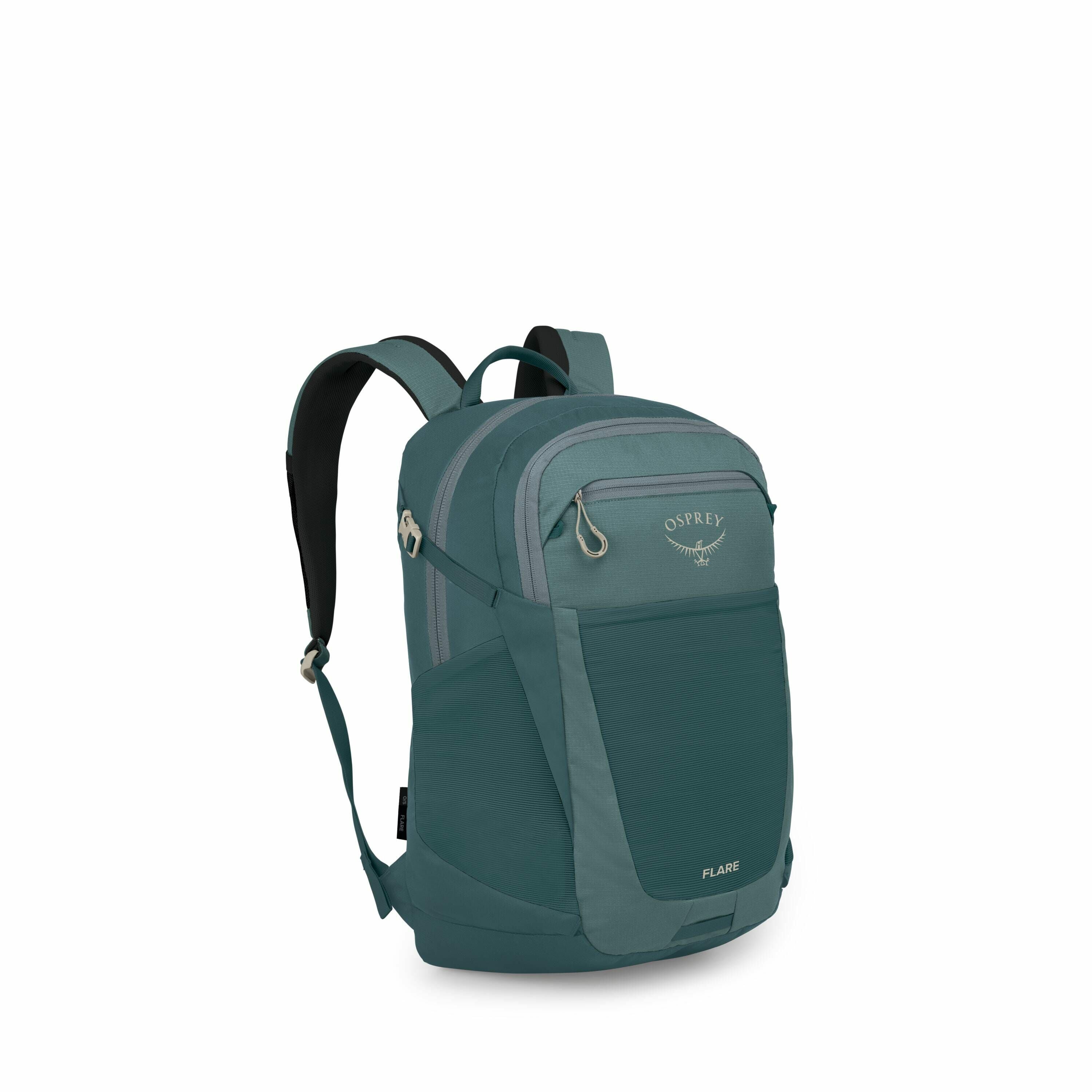The images show a green backpack with the brand name "Osprey" and the model name "Flare" embroidered on the front. The backpack features multiple compartments, including a main zipper section and a smaller front pocket, with adjustable padded shoulder str