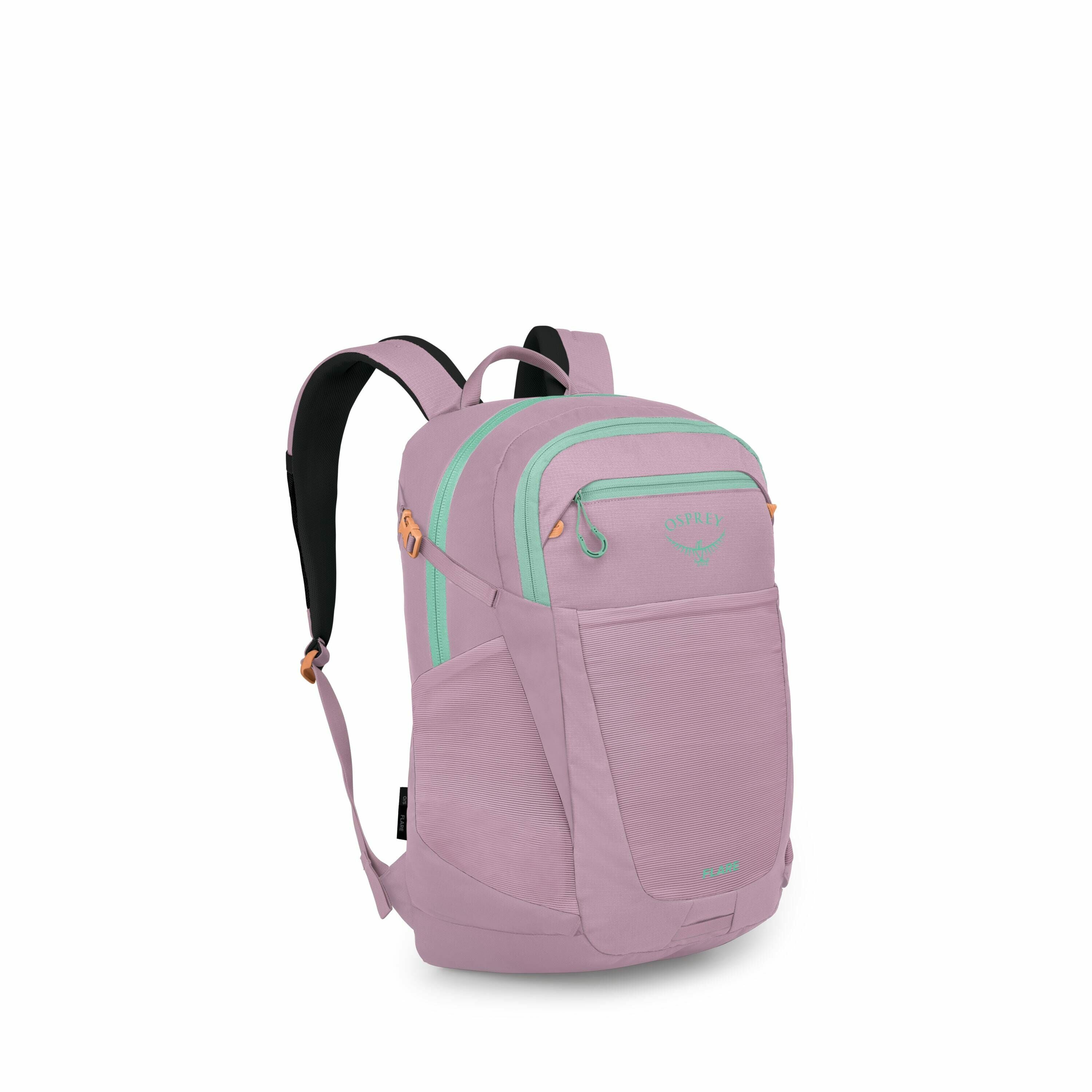 The image showcases a backpack designed by Osprey, known for its outdoor gear. The backpack is predominantly a light purple color, accented with mint green zippers and details, giving it a fresh and vibrant look. It features multiple compartments, includi