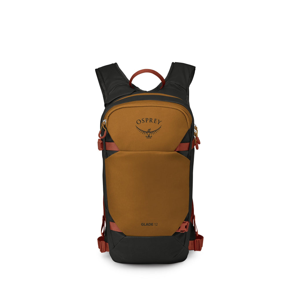 The images show a compact Osprey backpack in a front-facing view, primarily in a mustard-brown color with black panels. Red and white versions of the accent straps and buckles are displayed across different images, highlighting customization or color opti