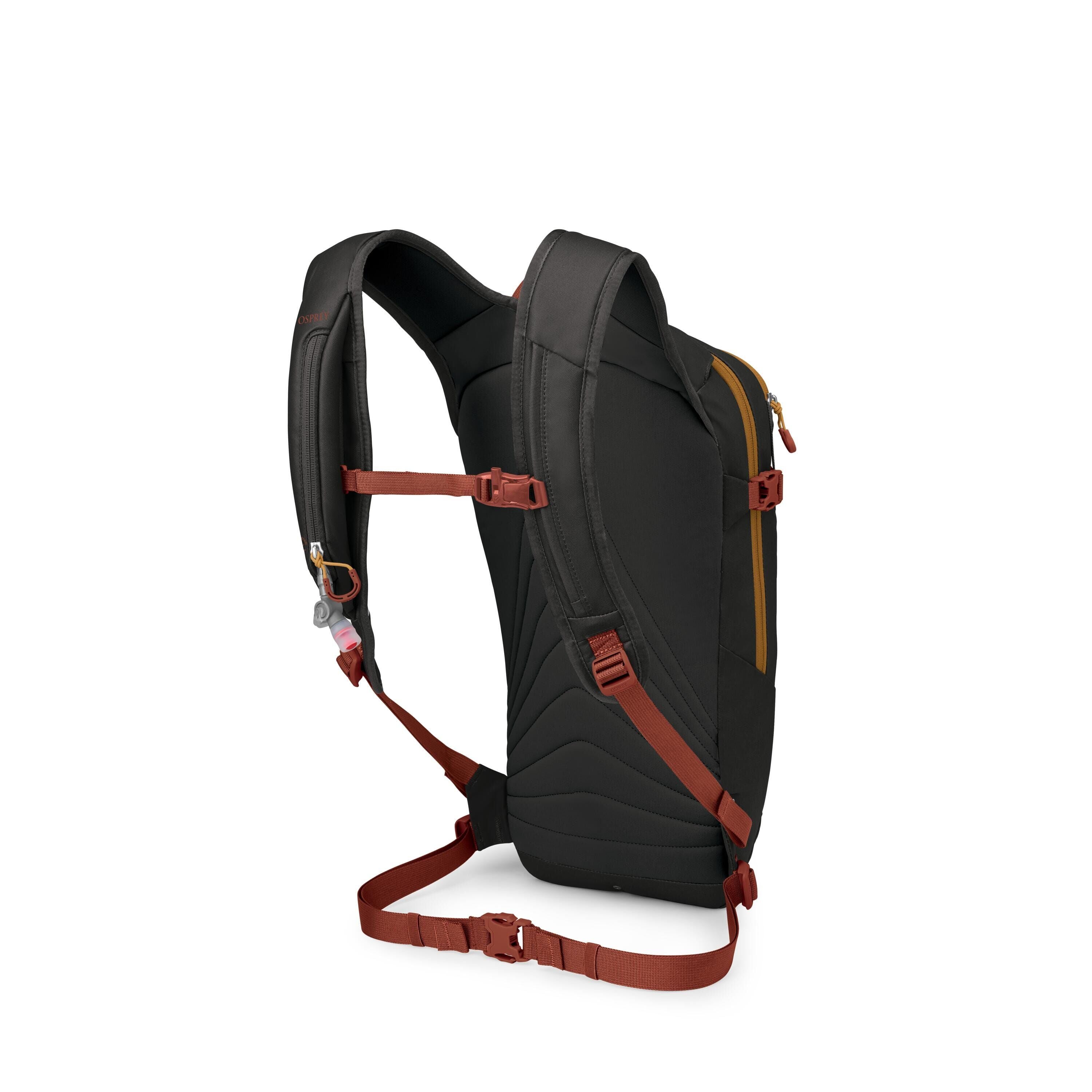 A sleek black backpack is shown from the back/side, highlighting its ergonomic padding and suspension. It features rust-red straps, sternum and hip belts, and several matching red buckles for adjustment and stability. A vertical mustard-yellow zipper runs