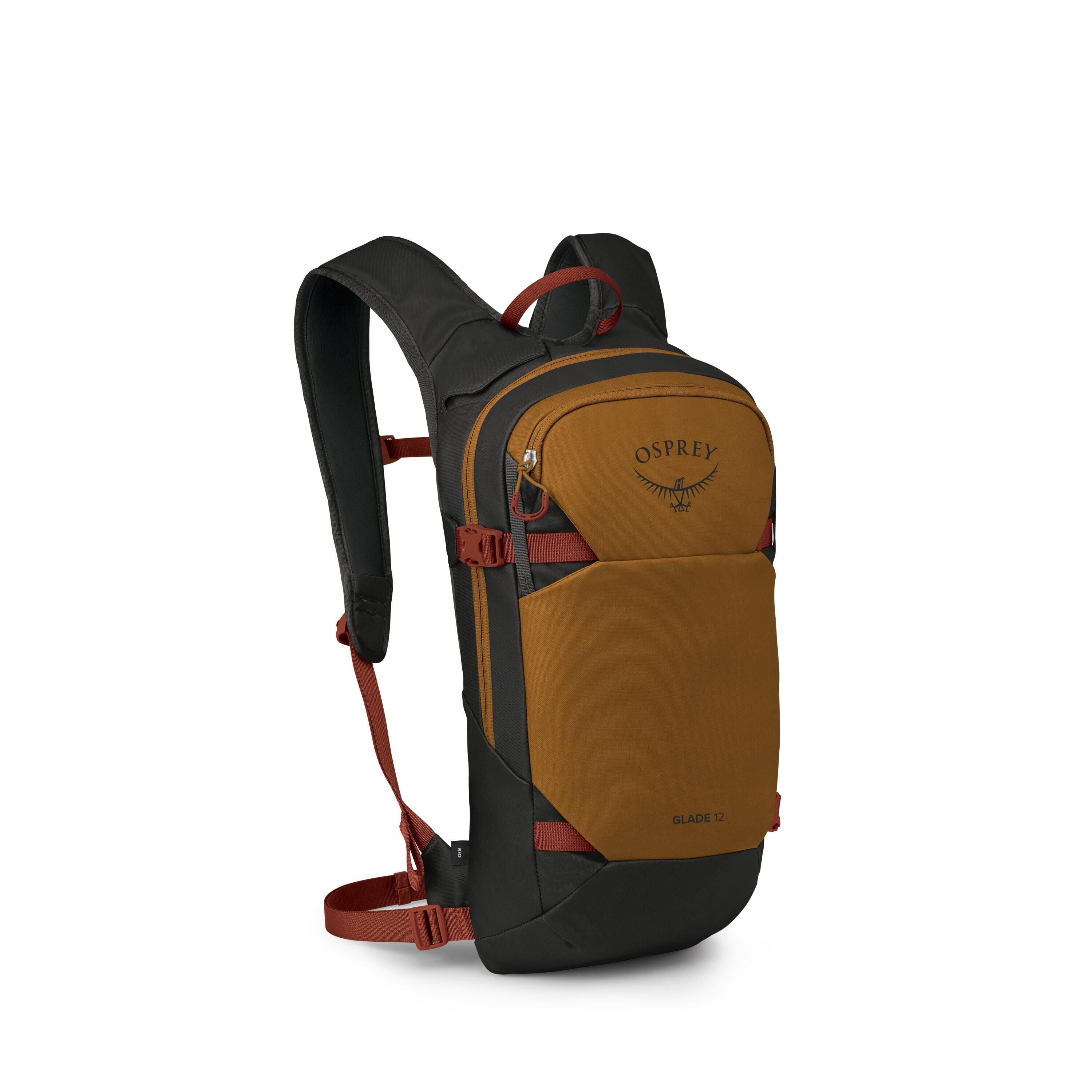 The image shows a compact Osprey backpack in a sleek, modern design. It features a two-tone color scheme with a rust-orange front panel and black body, accented by dark red straps and buckles. The front has a zippered pocket and the Osprey logo with a sty