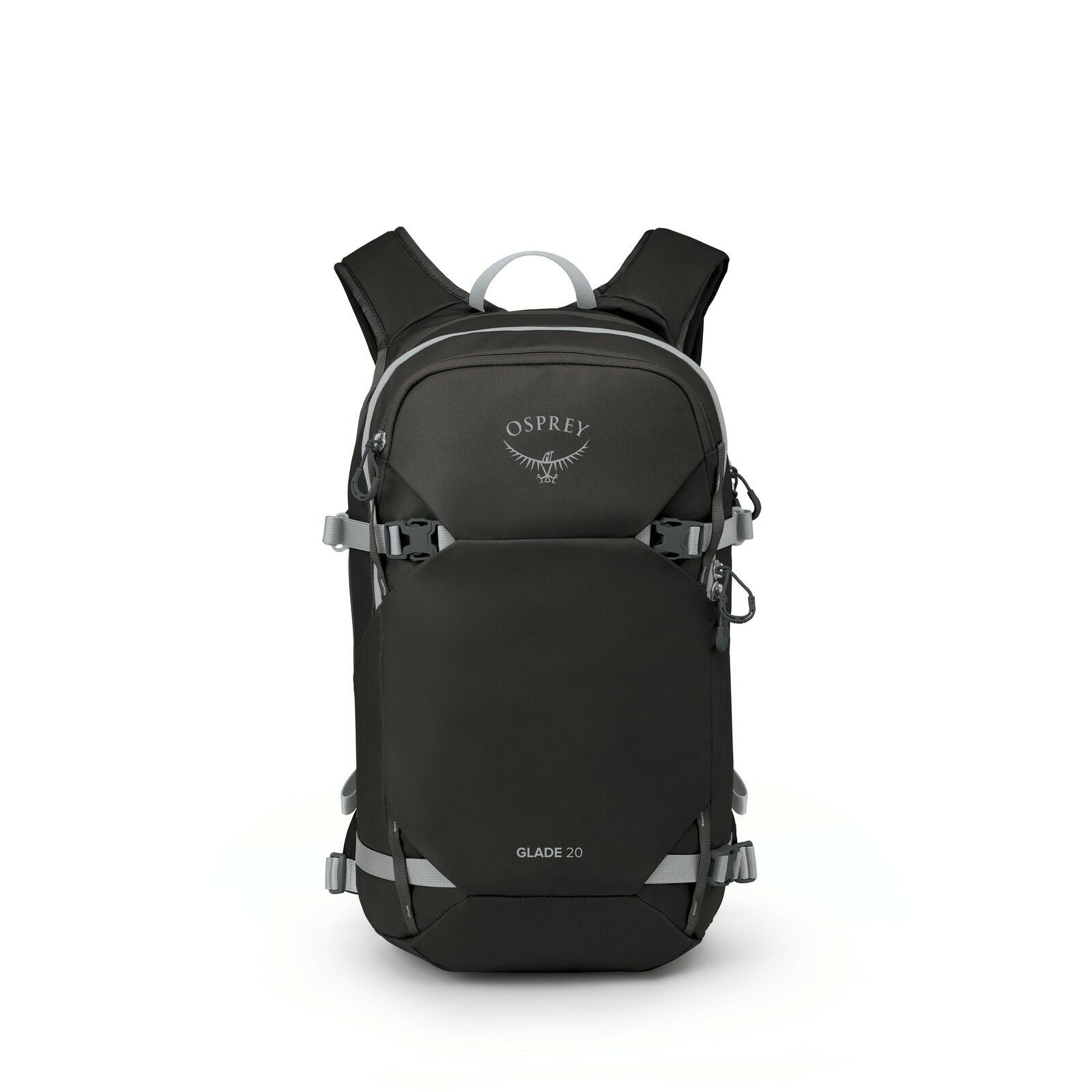 The image shows a black backpack from Osprey, specifically the Glade 20 model. The backpack features a sleek and compact design with a minimalist front panel and adjustable straps on the sides. It has a top handle for easy carrying and appears to be made