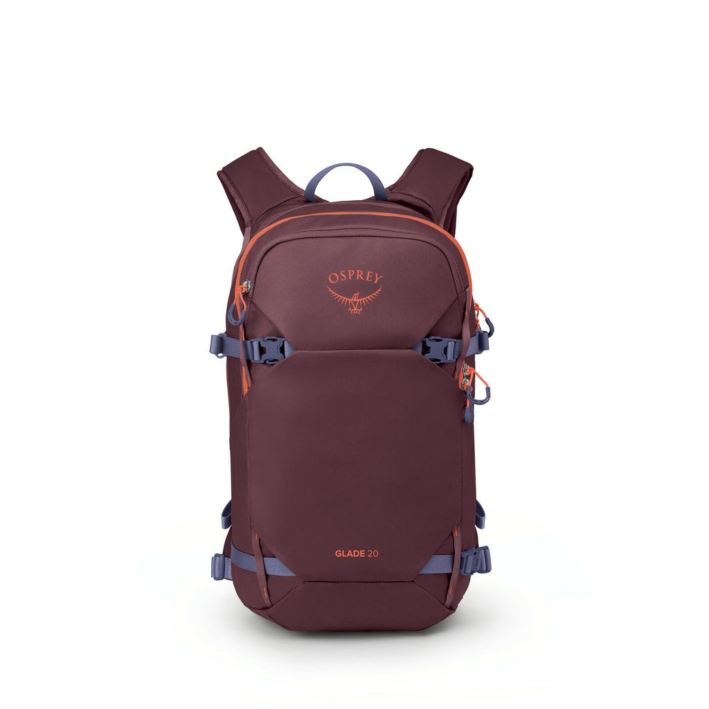 The images show a series of components of a backpack, specifically the Osprey Glade 20 model. The complete backpack is depicted in a rich maroon color with blue and orange accents, featuring a streamlined and compact design suitable for outdoor activities