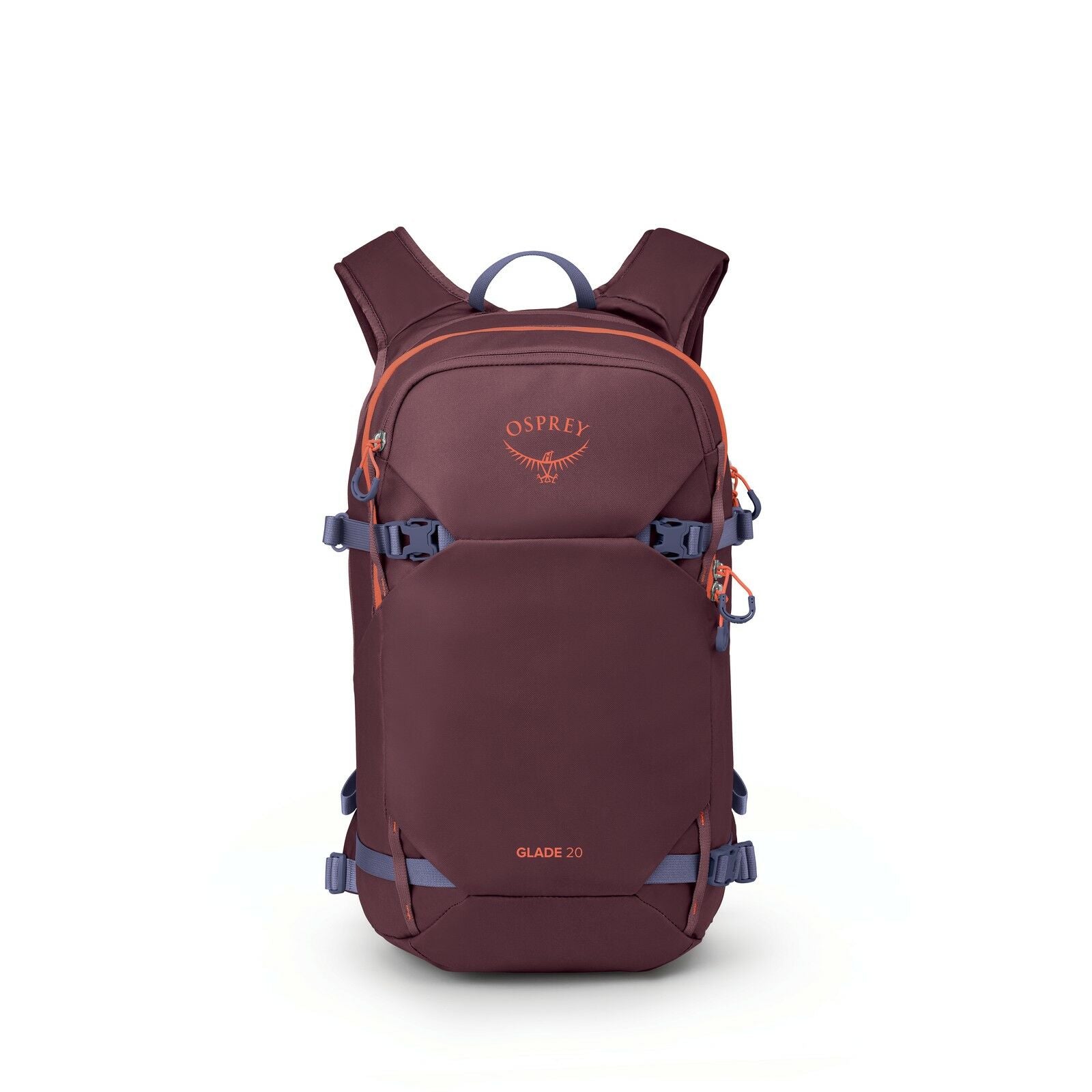 The images show a series of components of a backpack, specifically the Osprey Glade 20 model. The complete backpack is depicted in a rich maroon color with blue and orange accents, featuring a streamlined and compact design suitable for outdoor activities
