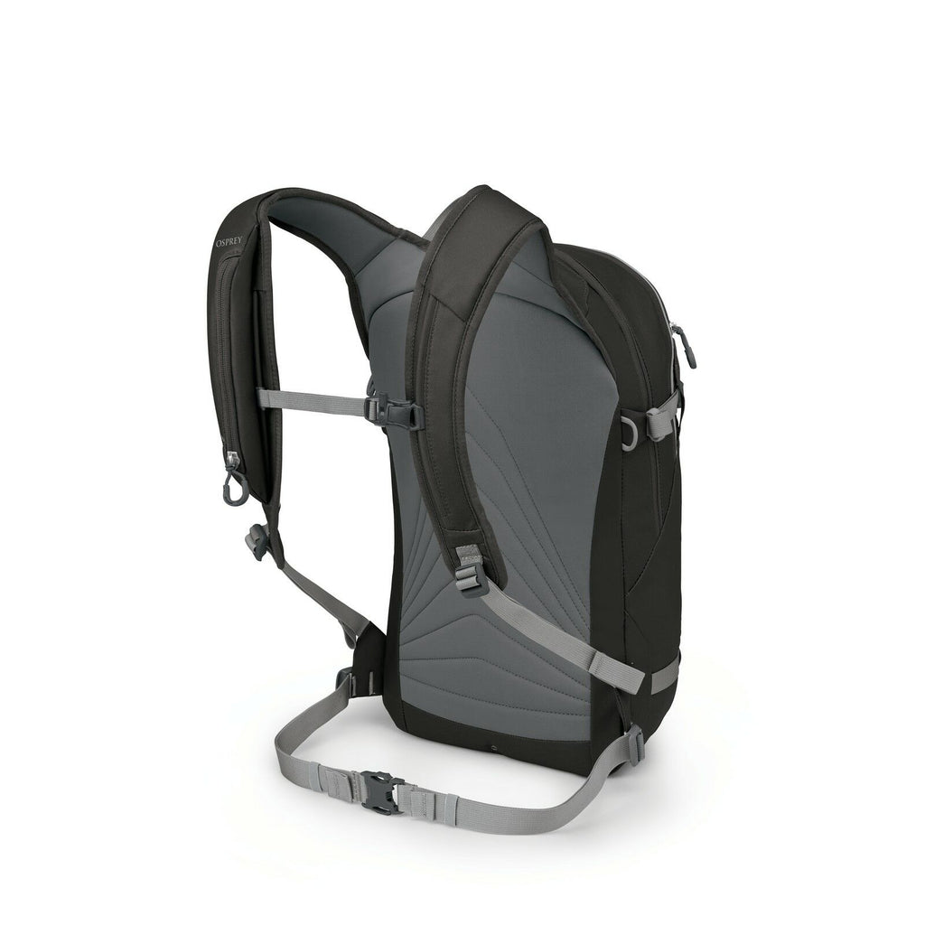 The image sequence illustrates the various components that make up a backpack, showcasing an exploded view that reveals its construction. Initially, the complete backpack is visible with padded shoulder straps, a padded back panel, and adjustable waist