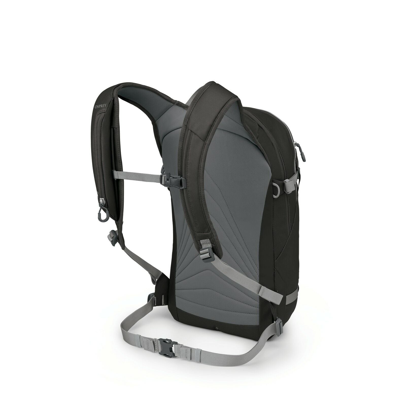 The image sequence illustrates the various components that make up a backpack, showcasing an exploded view that reveals its construction. Initially, the complete backpack is visible with padded shoulder straps, a padded back panel, and adjustable waist