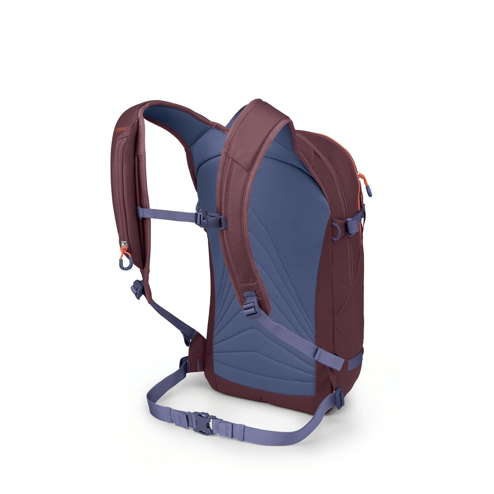 The image appears to show a backpack designed for outdoor use, specifically viewed from an angle that reveals its straps and backside. The backpack features a combination of brown and blue colors, with the back panel and straps being padded for comfort. T