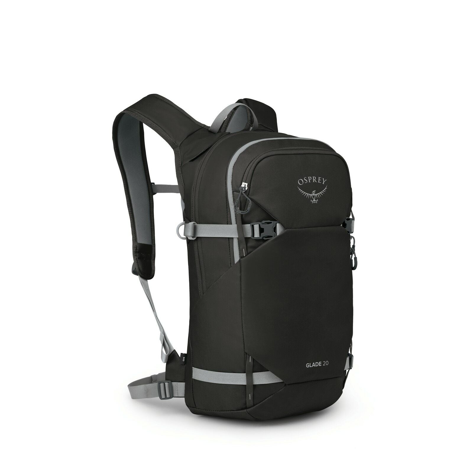 The images display a black Osprey backpack model named "Glade 20." It features a sleek and compact design, ideal for outdoor activities and carrying essentials. The backpack has adjustable padded shoulder straps for comfort, and a chest strap for addition