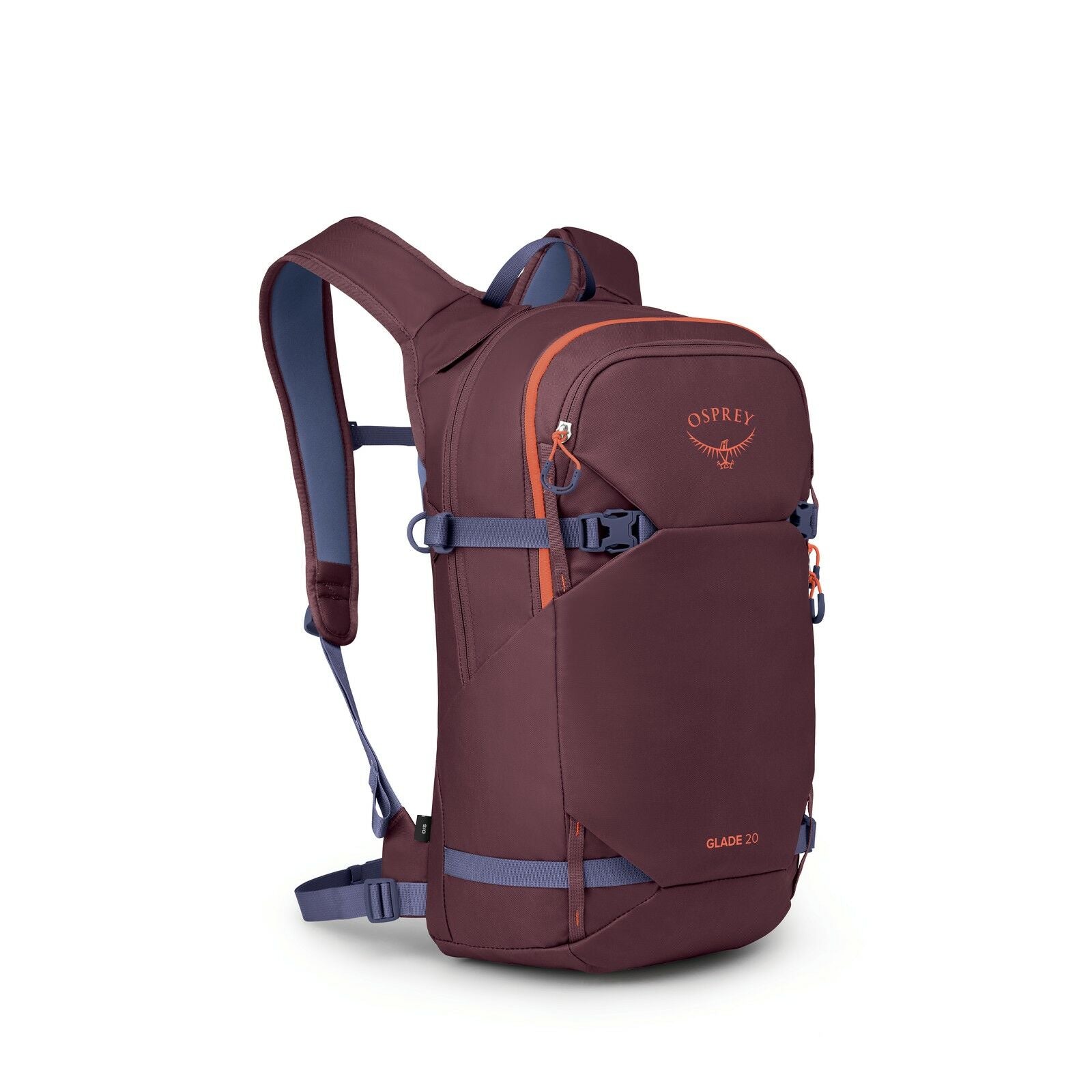 The image showcases an Osprey Glade 20 backpack, designed for outdoor activities. It features a rich burgundy color with subtle accents in orange, visible in the zipper and logo. The backpack has adjustable shoulder straps and a waist belt for a comfortab