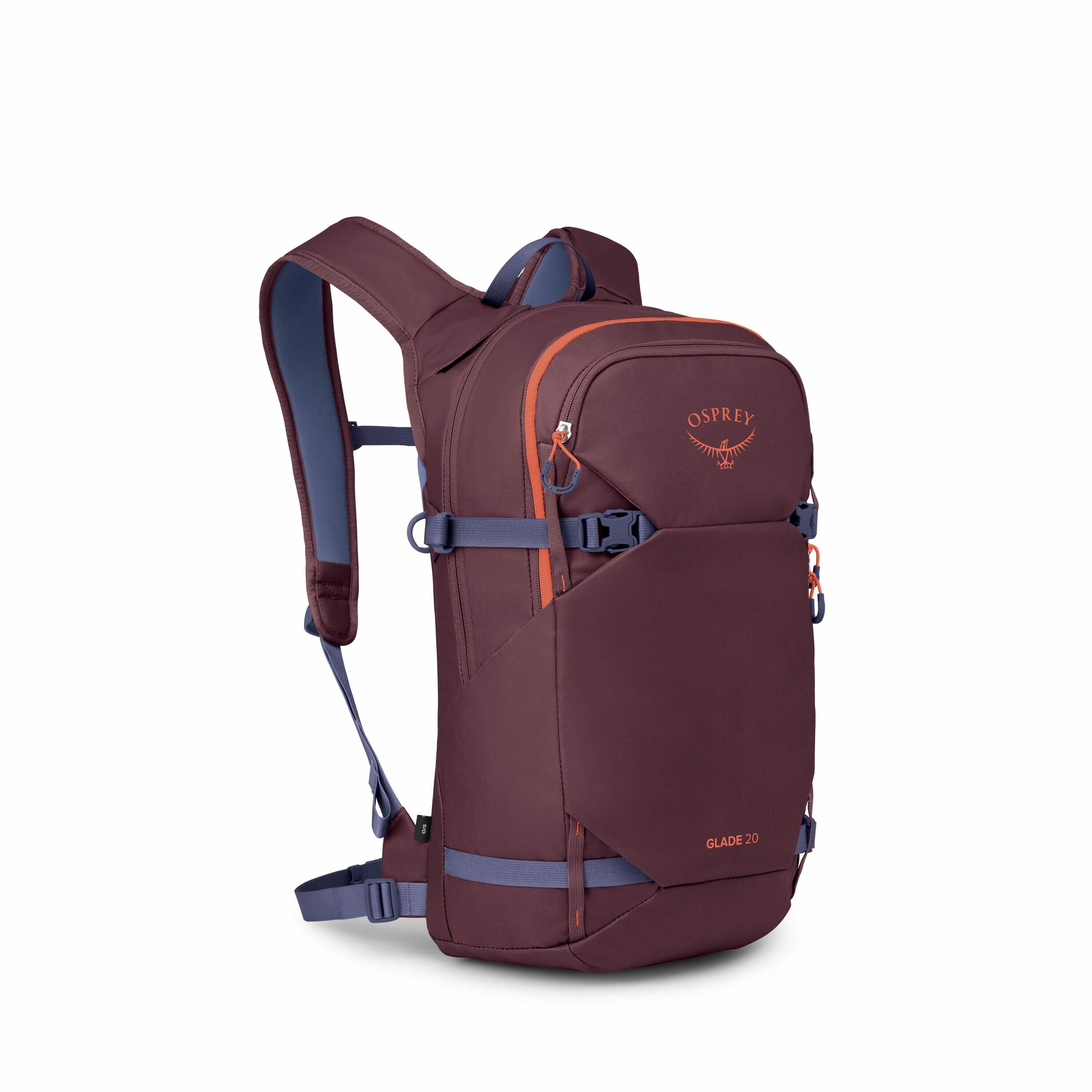 The image showcases an Osprey Glade 20 backpack, designed for outdoor activities. It features a rich burgundy color with subtle accents in orange, visible in the zipper and logo. The backpack has adjustable shoulder straps and a waist belt for a comfortab