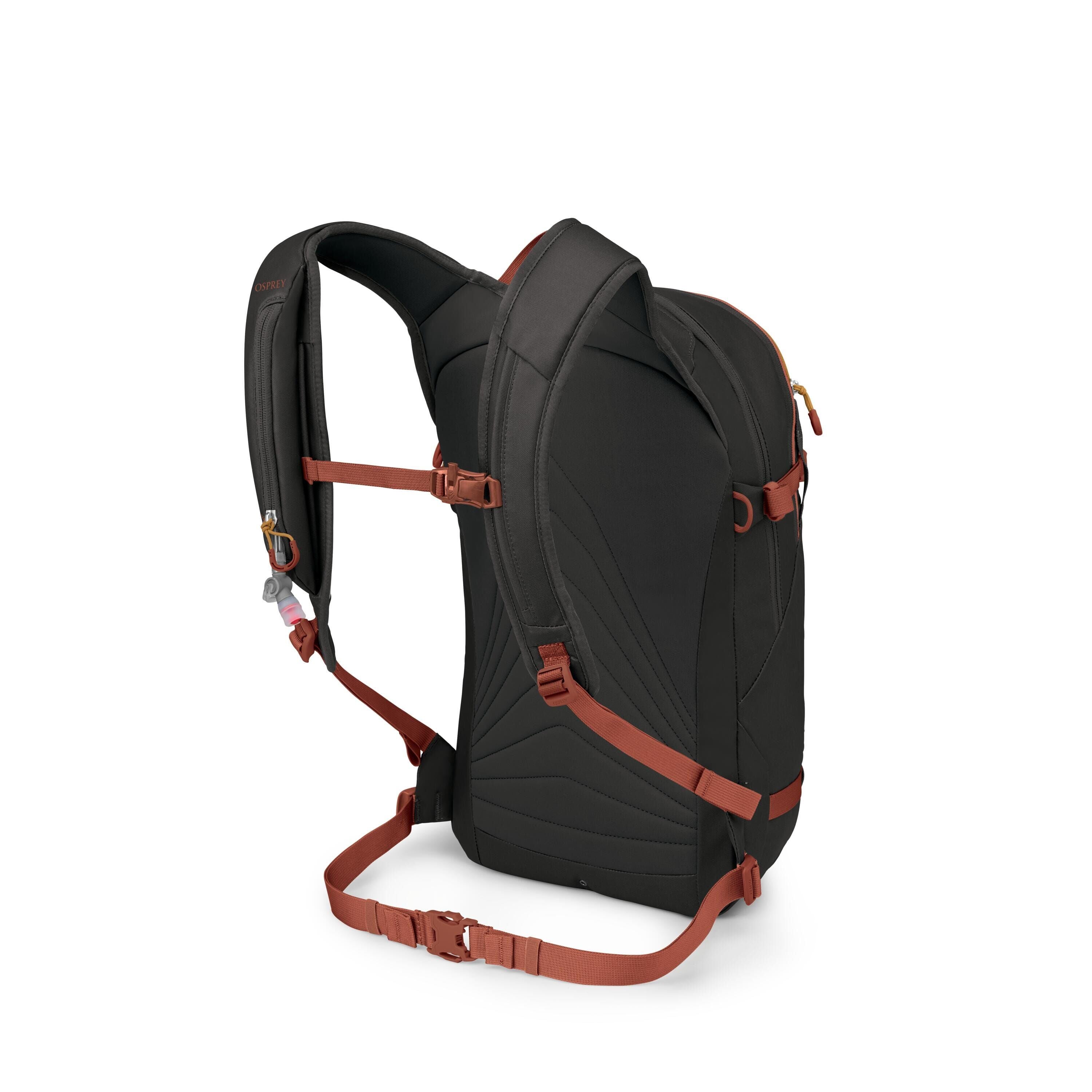 The image shows the back and side of a black backpack with contrasting rust-red straps and buckles. It features padded shoulder straps, a sternum strap with an emergency whistle, and a padded back panel with contoured stitching. There is also a waist belt