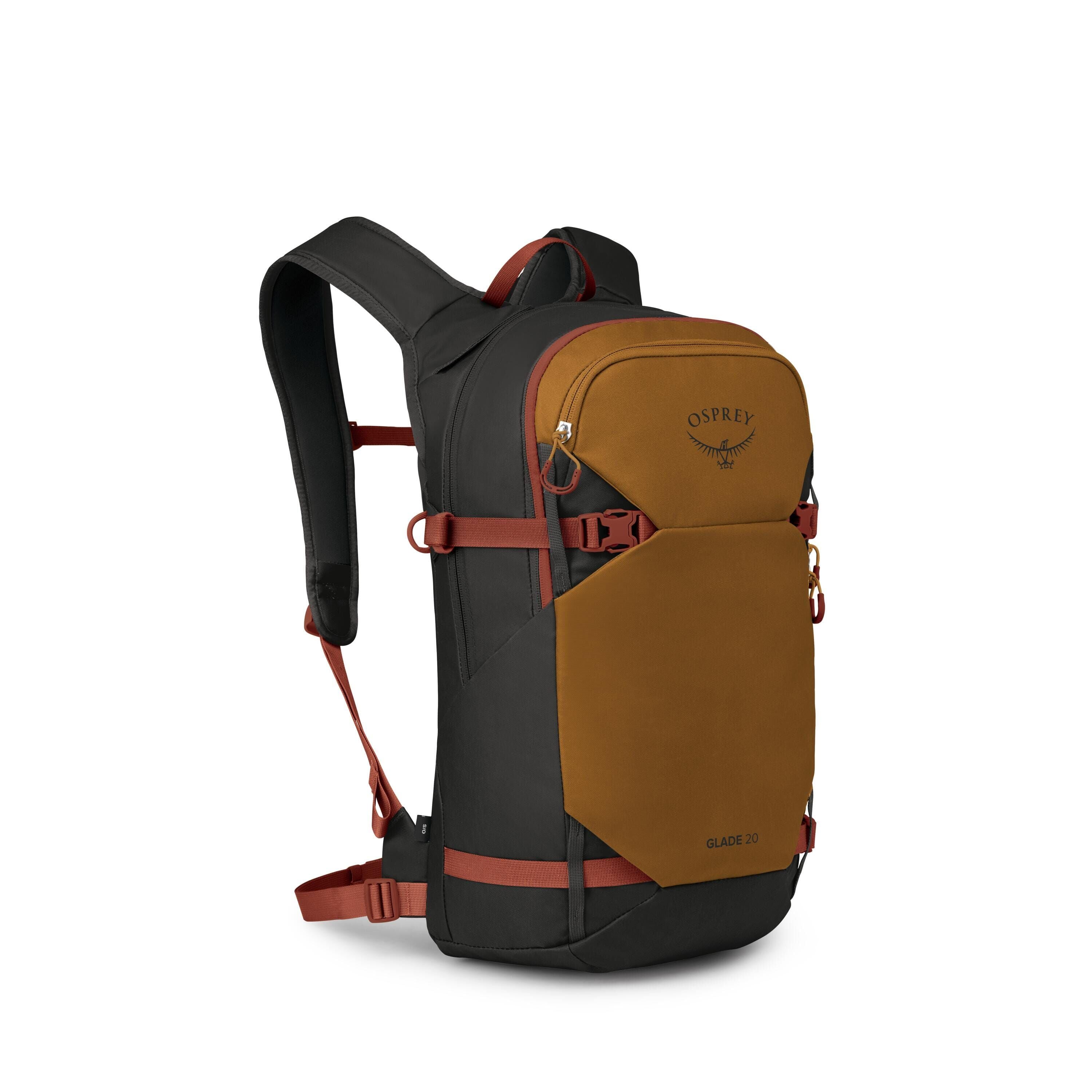 A sleek hiking backpack is shown in a three-quarter view. It has a black body with a burnt orange front panel and pocket, and dark red straps and buckles. The Osprey logo appears on the upper pocket, and "GLADE 20" is printed near the bottom. The pack fea