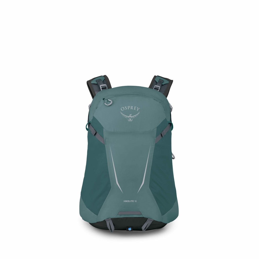 The image showcases an Osprey Hikelite 18 backpack in a blue-green color. The backpack has a sleek and compact design suitable for hiking, with the Osprey logo prominently displayed near the top. The backpack features several adjustable straps and buckles