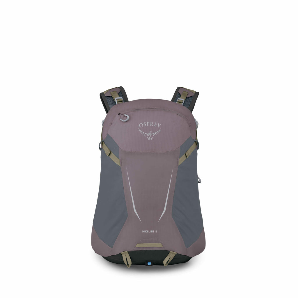 The images depict a series of shots of an Osprey Hikelite 18 backpack and its components. The first two images show the complete backpack, primarily in a blend of purple and gray with the Osprey logo and the model name "HIKELITE 18" prominently displayed.