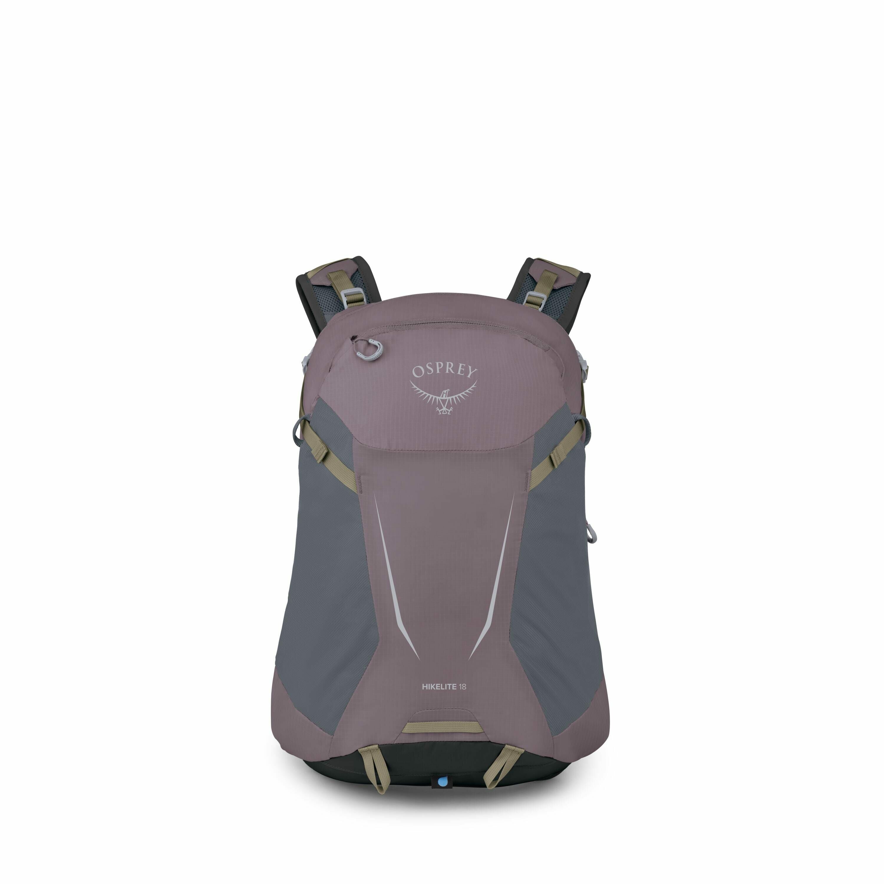 The images depict a series of shots of an Osprey Hikelite 18 backpack and its components. The first two images show the complete backpack, primarily in a blend of purple and gray with the Osprey logo and the model name "HIKELITE 18" prominently displayed.