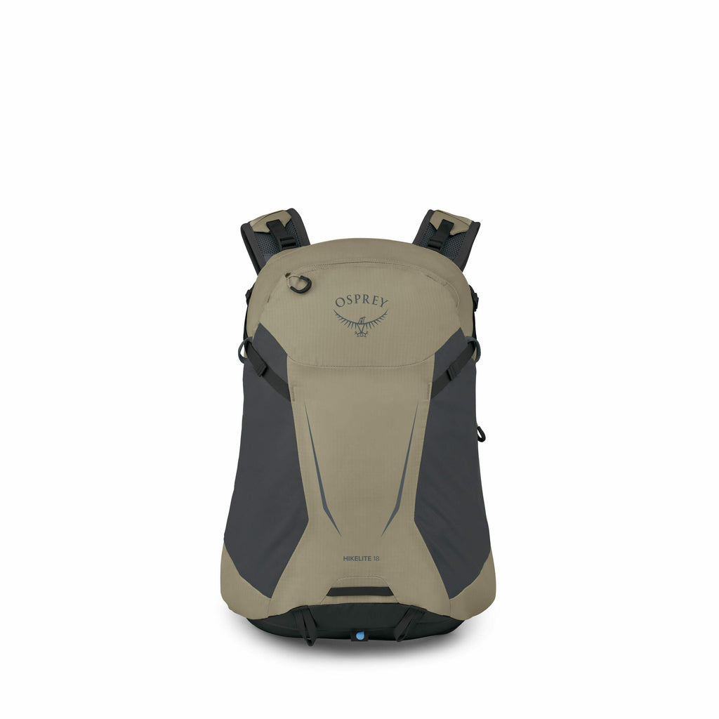 The image shows an Osprey Hikelite 18 backpack, displayed in a front-facing view. This backpack is primarily light green with dark gray accents, showcasing a sleek and compact design suitable for hiking. The bag features an Osprey logo prominently on the
