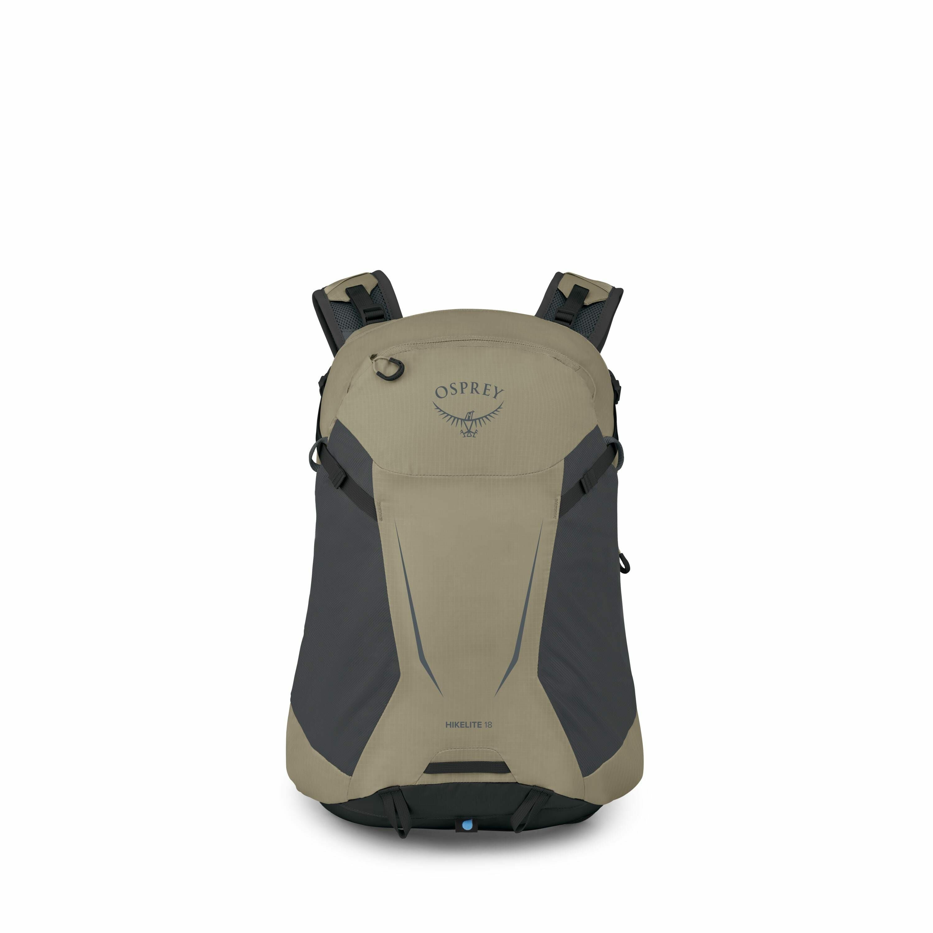 The image shows an Osprey Hikelite 18 backpack, displayed in a front-facing view. This backpack is primarily light green with dark gray accents, showcasing a sleek and compact design suitable for hiking. The bag features an Osprey logo prominently on the