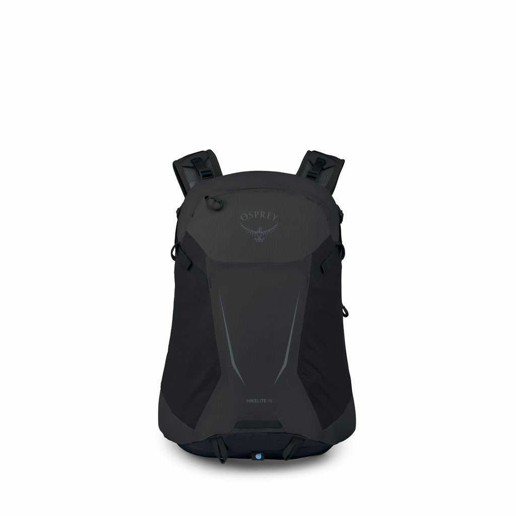 The images depict an Osprey Hikelite 18 backpack in a solid dark color, likely black or very dark navy. The first image shows the backpack in its entirety, highlighting its sleek and compact design with the Osprey logo visible on the front. Subsequent ima