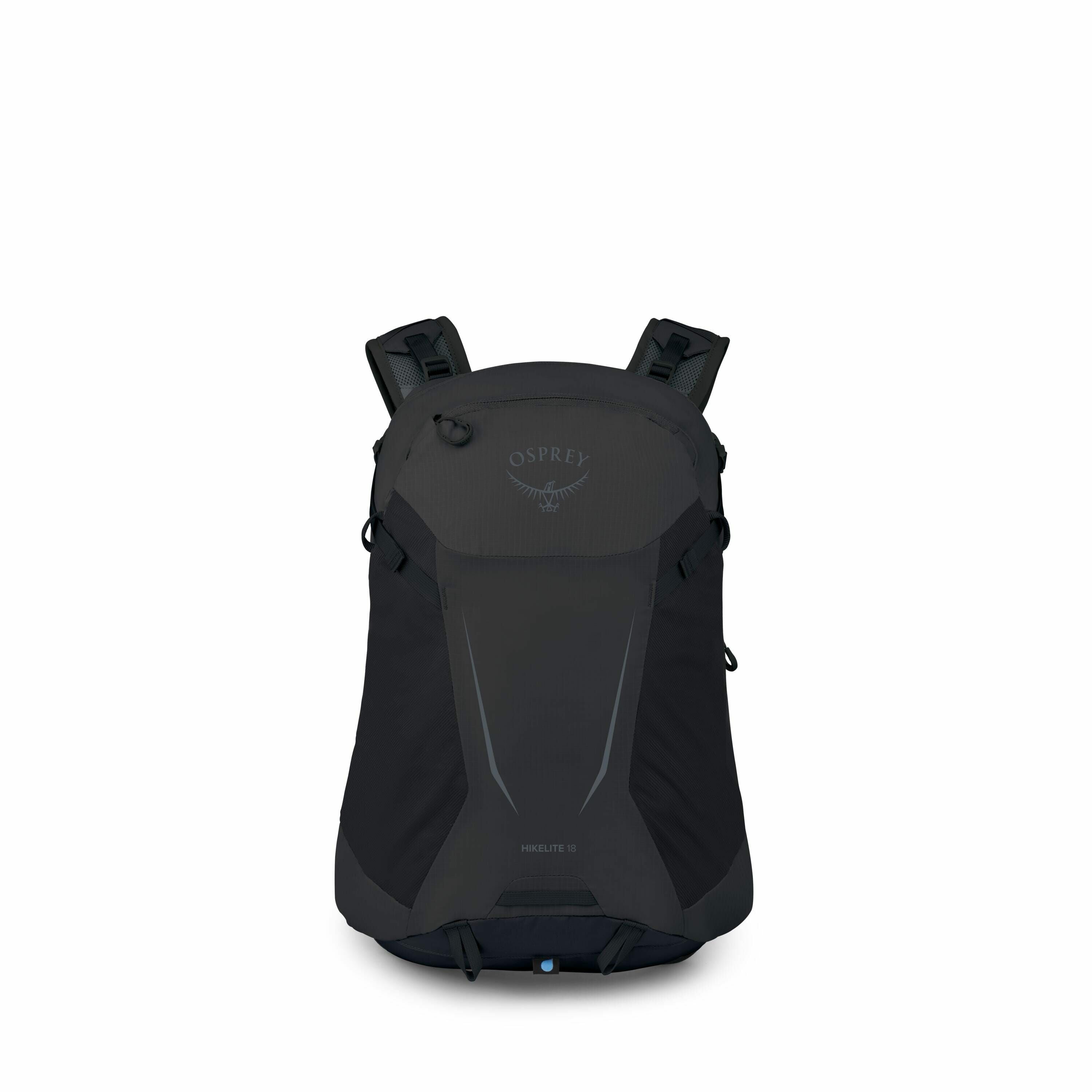 The images depict an Osprey Hikelite 18 backpack in a solid dark color, likely black or very dark navy. The first image shows the backpack in its entirety, highlighting its sleek and compact design with the Osprey logo visible on the front. Subsequent ima