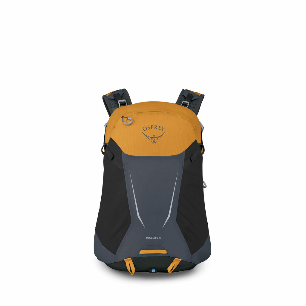 The image displays a detailed view of an Osprey Hikelite 18 backpack in an orange and dark gray color scheme. The backpack features the Osprey logo prominently on the upper front section, with a circular metallic attachment point visible. The image also s