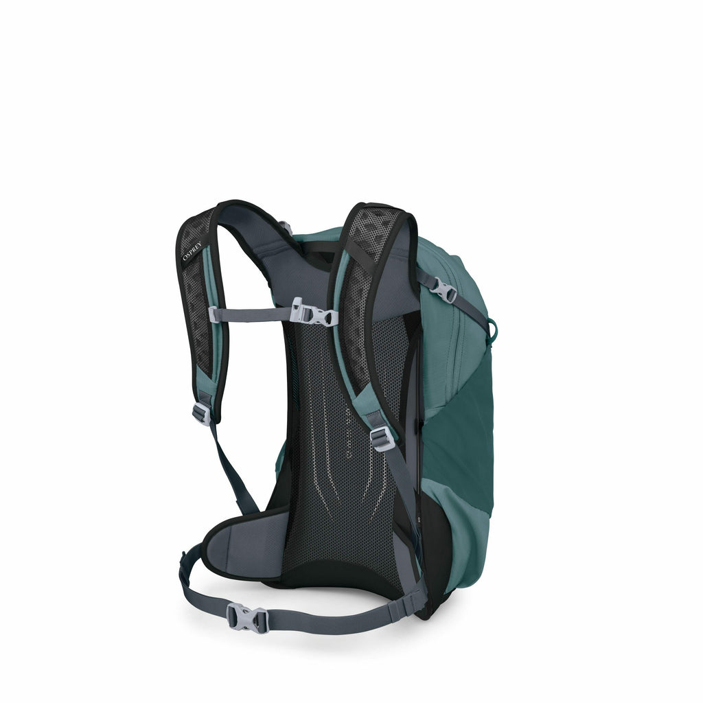 The image showcases a teal-colored backpack with black and gray accents, viewed from the back side where the shoulder straps and back panel are visible. The backpack features adjustable straps, a waist belt, and a sternum strap, designed for a secure and